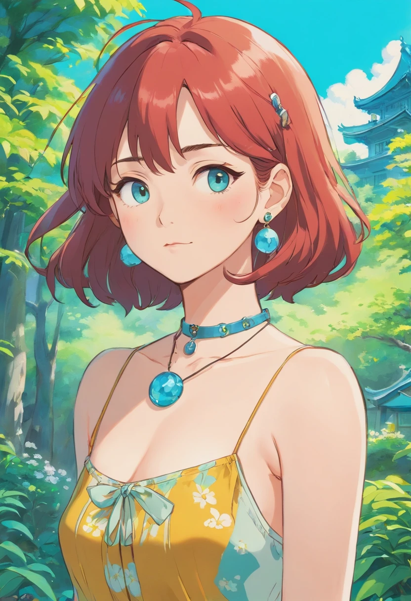 Girl in an anime collar, Long necklaces and earrings, In the style of a tranquil garden landscape, colorful animation stills, Masami Teraoka, aquamarine, paul gauguin, Embry style, Honest portrayal、colorful underwears