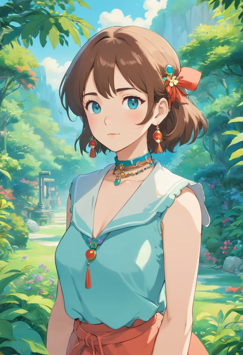 Girl in an anime collar, Long necklaces and earrings, In the style of a tranquil garden landscape, colorful animation stills, Masami Teraoka, aquamarine, paul gauguin, Embry style, Honest portrayal、colorful underwears