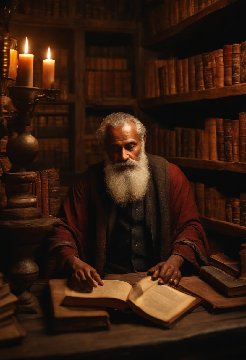 un mago afrodescendiente, muy viejo con una barba larga, In a rustic, secret location with shelves of old books, Making Magic Potions.viendo de frente