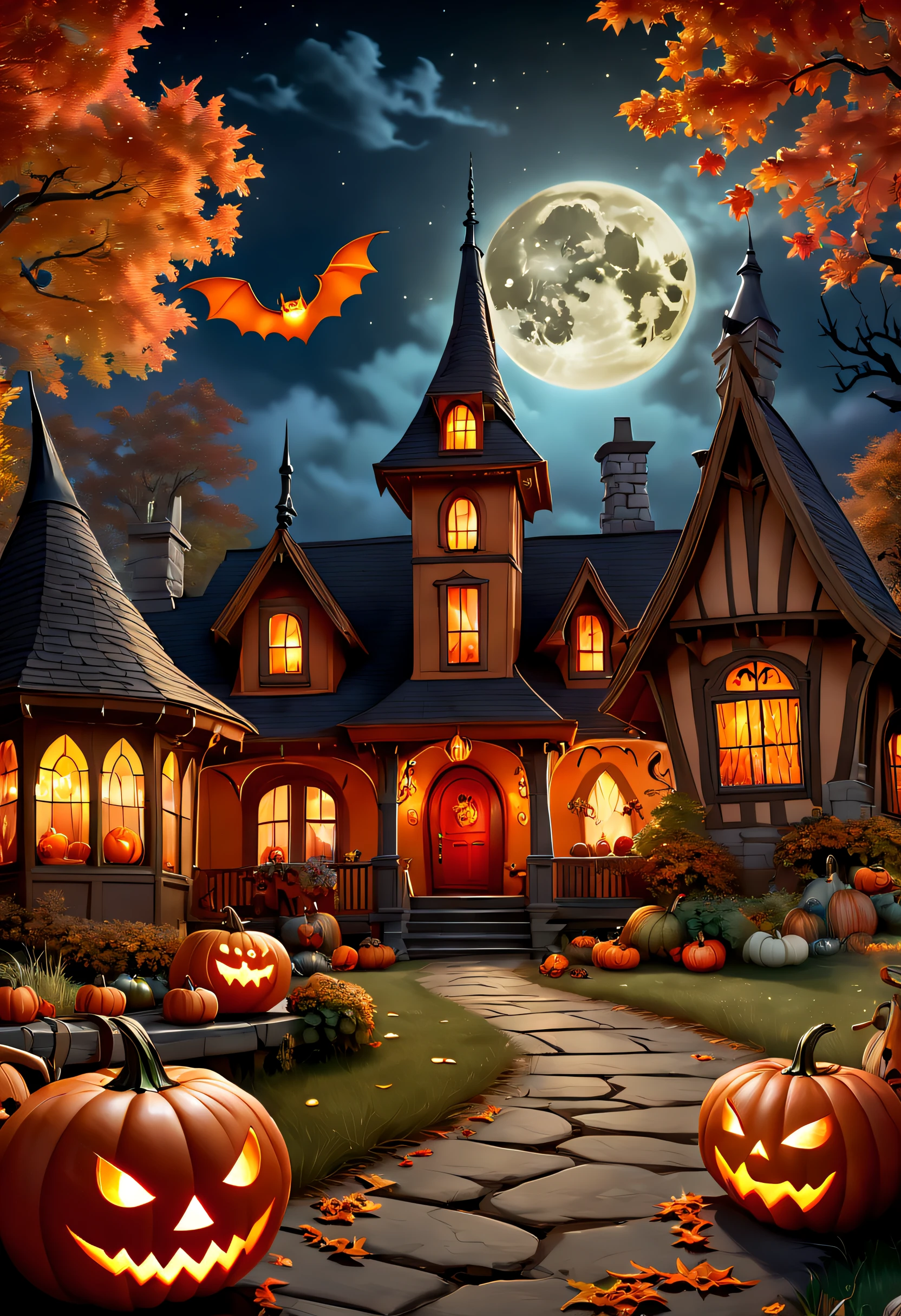 (Best quality,4K,8K,A high resolution,Masterpiece:1.2),Ultra-detailed,(Realistic,Photorealistic,photo-realistic:1.37),Tom and Jerry Halloween night,Red Moon,Castle,pumpkins,the bats,waxy candles,Shining stars,forest,Enigmatic Atmosphere,Costumes,Laughter,Playful chase,Spooky shadows,Haunted atmosphere,Fireworks,wind blowing leaves,jack-o-lanterns,The full moon is reflected on the lake,The witch's broom,Flying Ghosts,spiderwebs,moonlit sky,mysterious darkness,Dimly lit streets,Laughter echoed in the distance,Smoke rising from the cauldron,ghostly figure,dark alley,A trick-or-treat bag full of candy,Happy trick-or-treaters who don't give candy,Giggling witches,Playful pranks,Glowing eyes in the dark,Crackling bon,Witch hat and cape,Delightful scare,Whimsical pumpkin patch,Masquerade,Hidden surprises,Excitement in the air,Eerie stories whisper around the campfire,Lively Halloween decorations,Magic spells and potions,Unforgettable music.