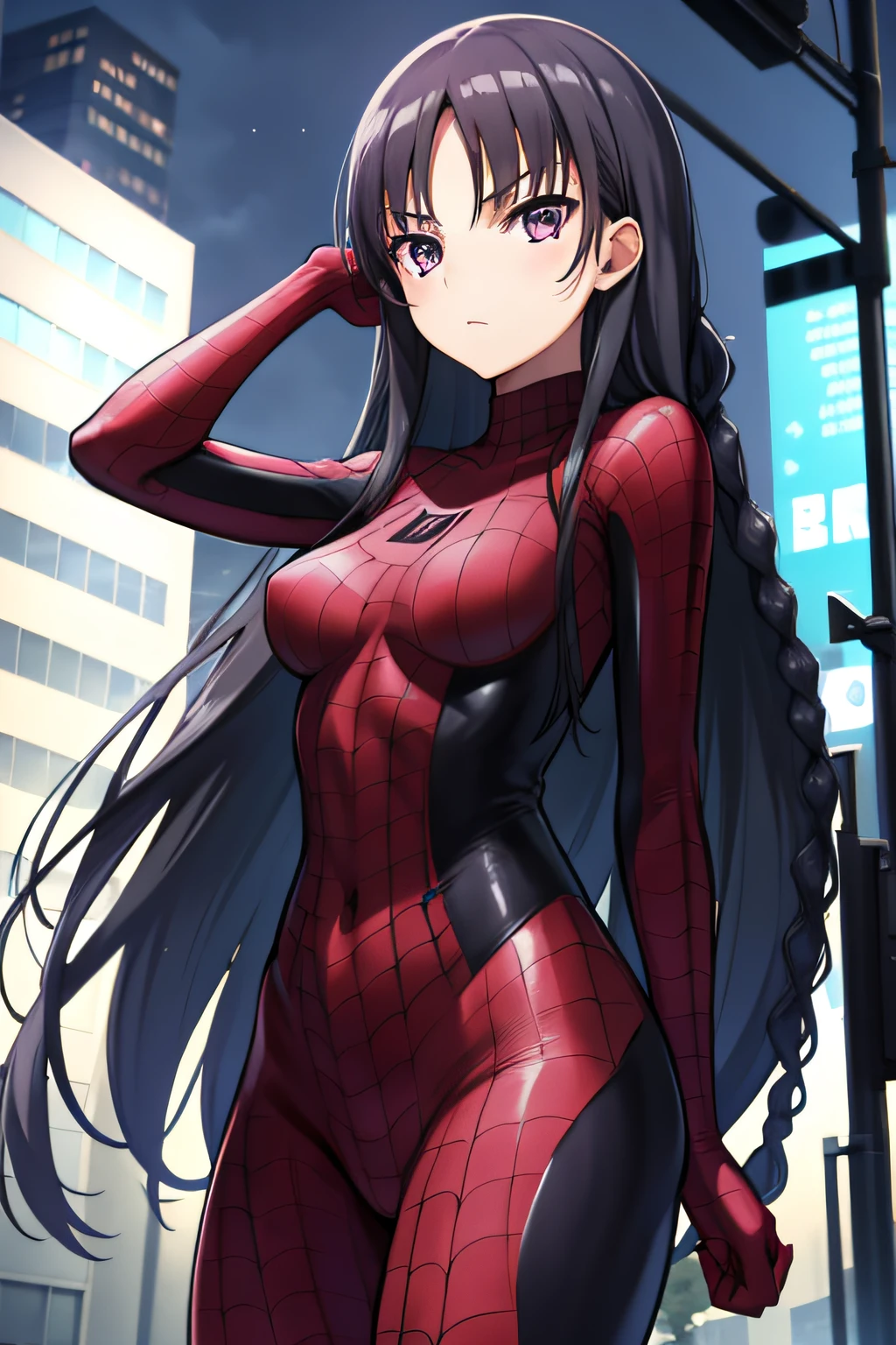 suzunehorikita, suzune horikita, black hair, braid, long hair, (purple eyes:1.1), in spiderman suit, in the city, best quality, high resolution, unity 8k wallpaper