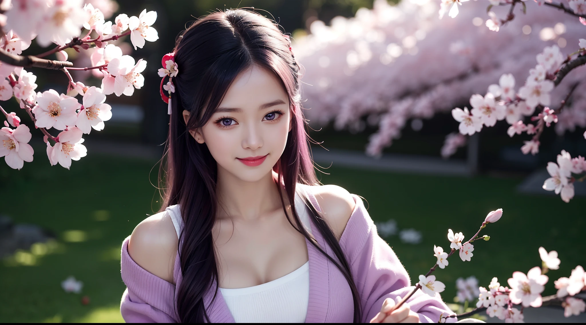 （masterpiece, Need,1girll, Solo, Intricate detail, Up view, color difference), real photo,(front), (shoulder cut), slit, Close-up, smile, Enhance sexy look,Yae Miko, Purple blue hair, purple blue highlights, purple eyes, sharp look, perfectly symmetrical figure, neon shirt, revealing jacket, sweater, leaning against the wall, Brick walls, scribbles, dim lights, alleys, looking at the viewer.（（evil streaks, cleavage is seductive, big breasts are enchanting)) ，（（（cherry blossom background) )), ((((Japanese cherry blossom garden background)))), (((Shine in the dark background)))