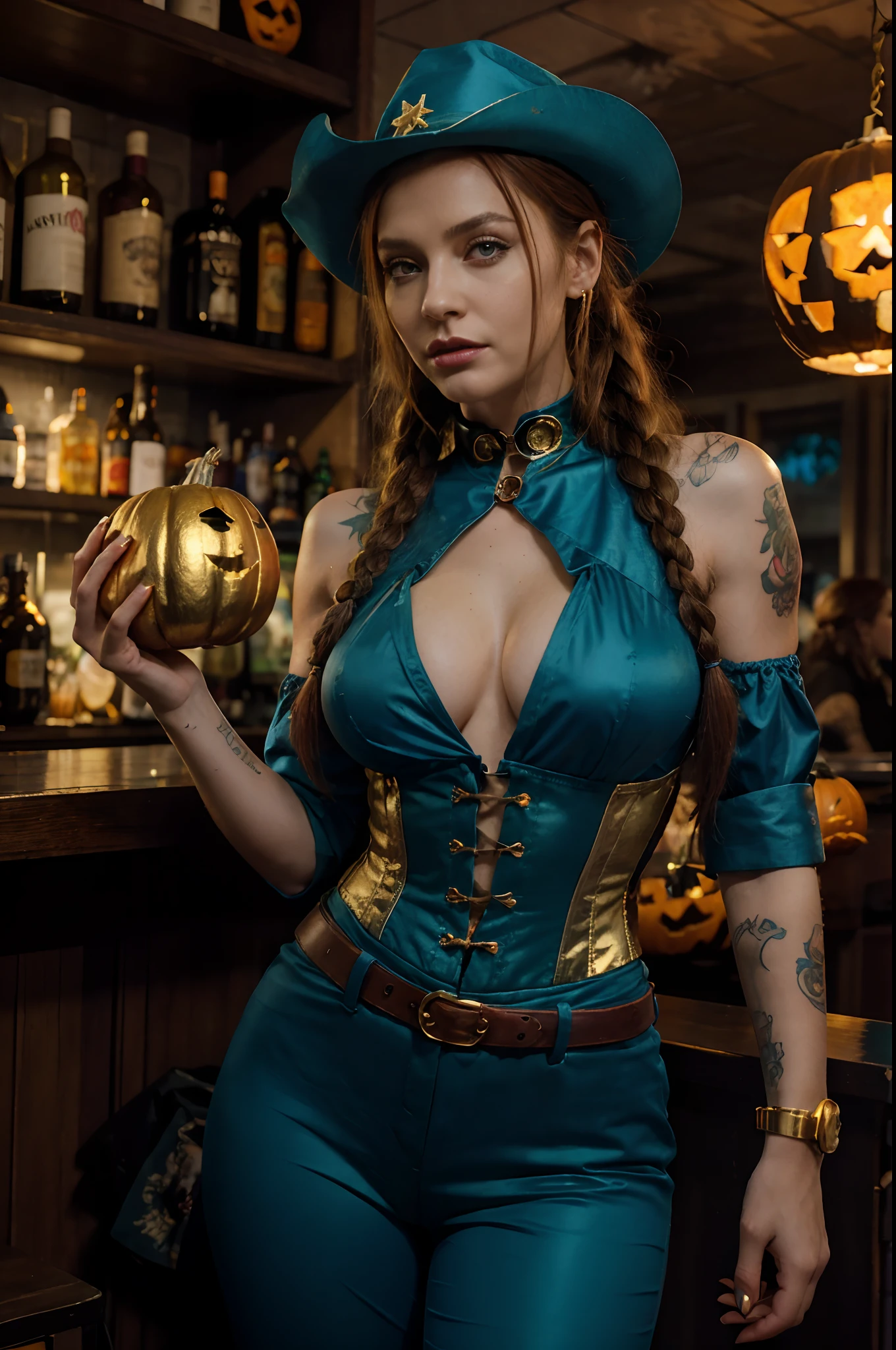 Cyberpunk is more solid, 8 k, HD illustration, Halloween atmosphere, in full height, Red-haired woman in blue pants and shirt, Golden corset, Cowboy blue hat with gold ribbon, Hair braided, Waist-length pigtail, big green eyes, red-lips, Tattooed on Face, blue pantsuit, Shirt, Golden corset, Blue Riding Hood with Gold Ribbon, Holding a golden pumpkin in his hands, Tattooed on Face, Cyberpunk style, bright colours, Cowboy Woman Goes To Halloween, Fantasy, Bar in the background, pumpkin, the bats, Halloween Attributes