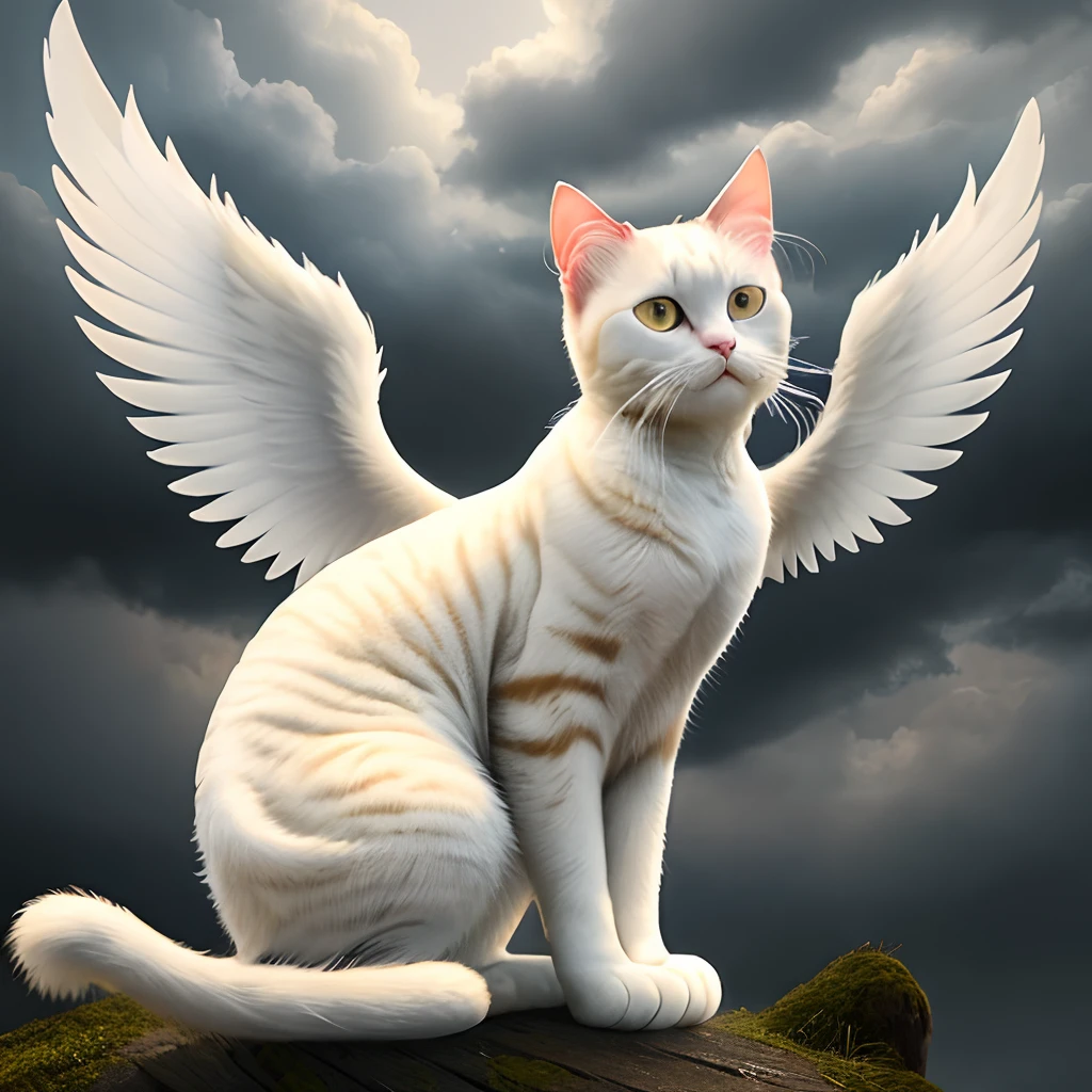 White cat,Golden wings,Overcast