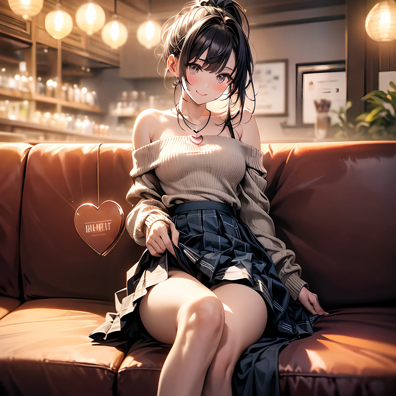 in 8K、top-quality、​masterpiece、ultra-detailliert、Ultra-high resolution, cafes, (Beautiful girl sitting on sofa), 18year old, cafe, (sit on sofa:1.2), smile, (finger to mouth), (open legs, skirt lift:1.5), (panty shot, focus panty, showing panties), (detailed floral pattern panties), coffee on table, middle hair, ponytail, sidelock, sweater, bare shoulder, necklace, Ruffle skirt, (spoken heart:1.3), Dutch Angle Shots, from below, sparkling pupils, (a person, crowd)