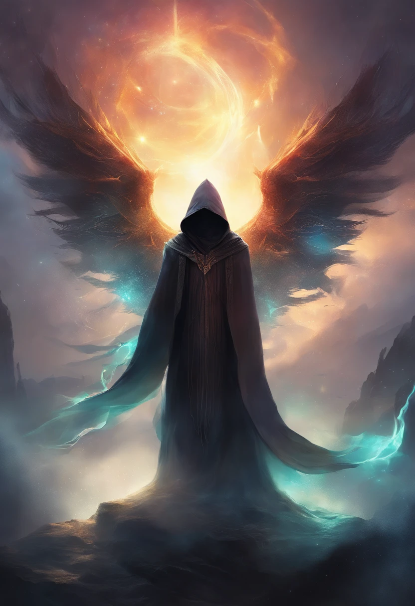 A high-fantasy horror portrait of a hooded shadowy celestial being with luminous spectral wings coming out of its back that are made completely of glowing light. He is surrounded by dark necrotic clouds, fog and mist. Eldritch energy.