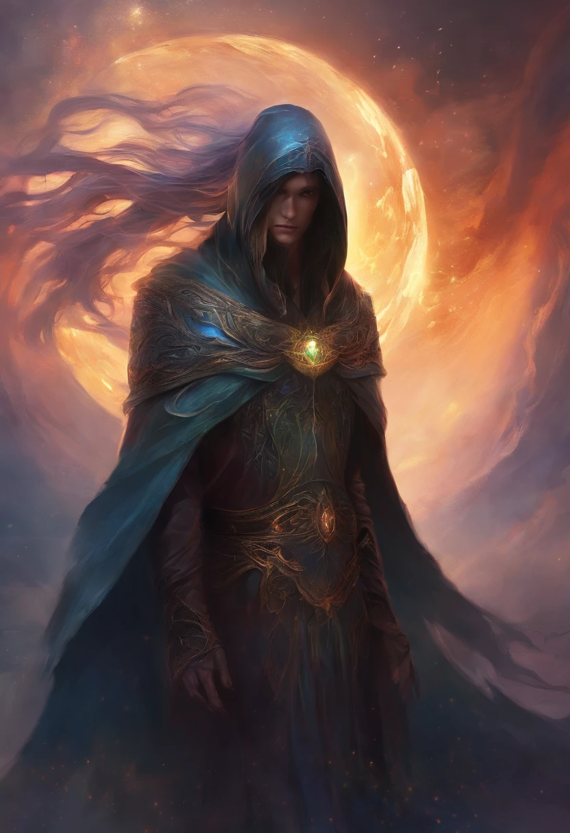 A high-fantasy horror portrait of a hooded shadowy celestial being with luminous spectral wings coming out of its back that are made completely of glowing light. He is surrounded by dark necrotic clouds, fog and mist. Eldritch energy.