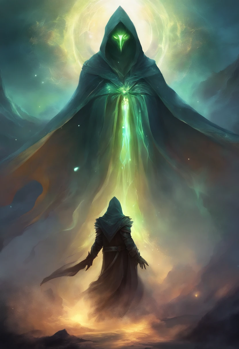 A high-fantasy horror portrait of a hooded shadowy celestial being with luminous spectral wings coming out of its back that are made completely of glowing light. He is surrounded by dark necrotic clouds, fog and mist. Eldritch energy.