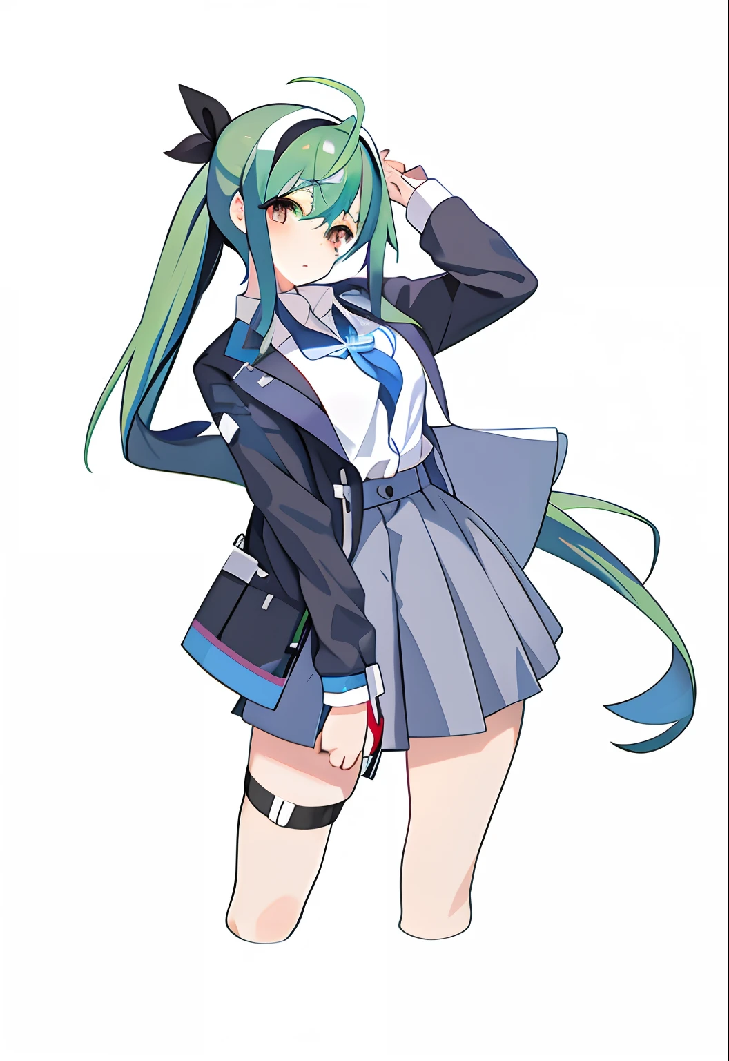 anime girl in a school uniform posing for a picture, mikudayo, Anime moe art style, Kantai collection style, official character art, Anime girl with green hair, Black pick dye，long whitr hair，Tie-up a single ponytail, Beautiful Anime High School Girls, Marin Kitagawa fanart, zerochan art, 《Ghost Wind Special Assault Team》The art of pixels, rei hiroe, The black butterfly ends with a headband