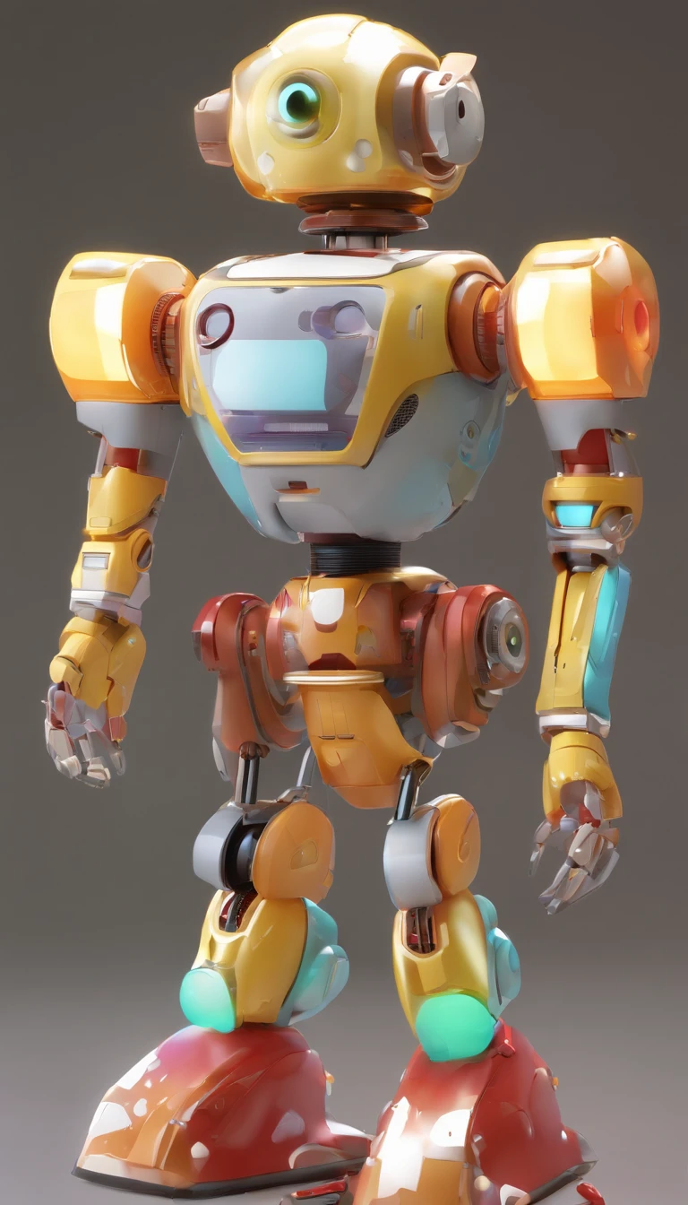 1 robot, cute clumsy emotional robot, stylized, mystical, full body shot, arms stretched out to the side, facing directly at the camera, front view, white background, 8k resolution, best quality, T-pose, geometry centered, 3d, colorful, flat colors, low poly, cartoon, chibi