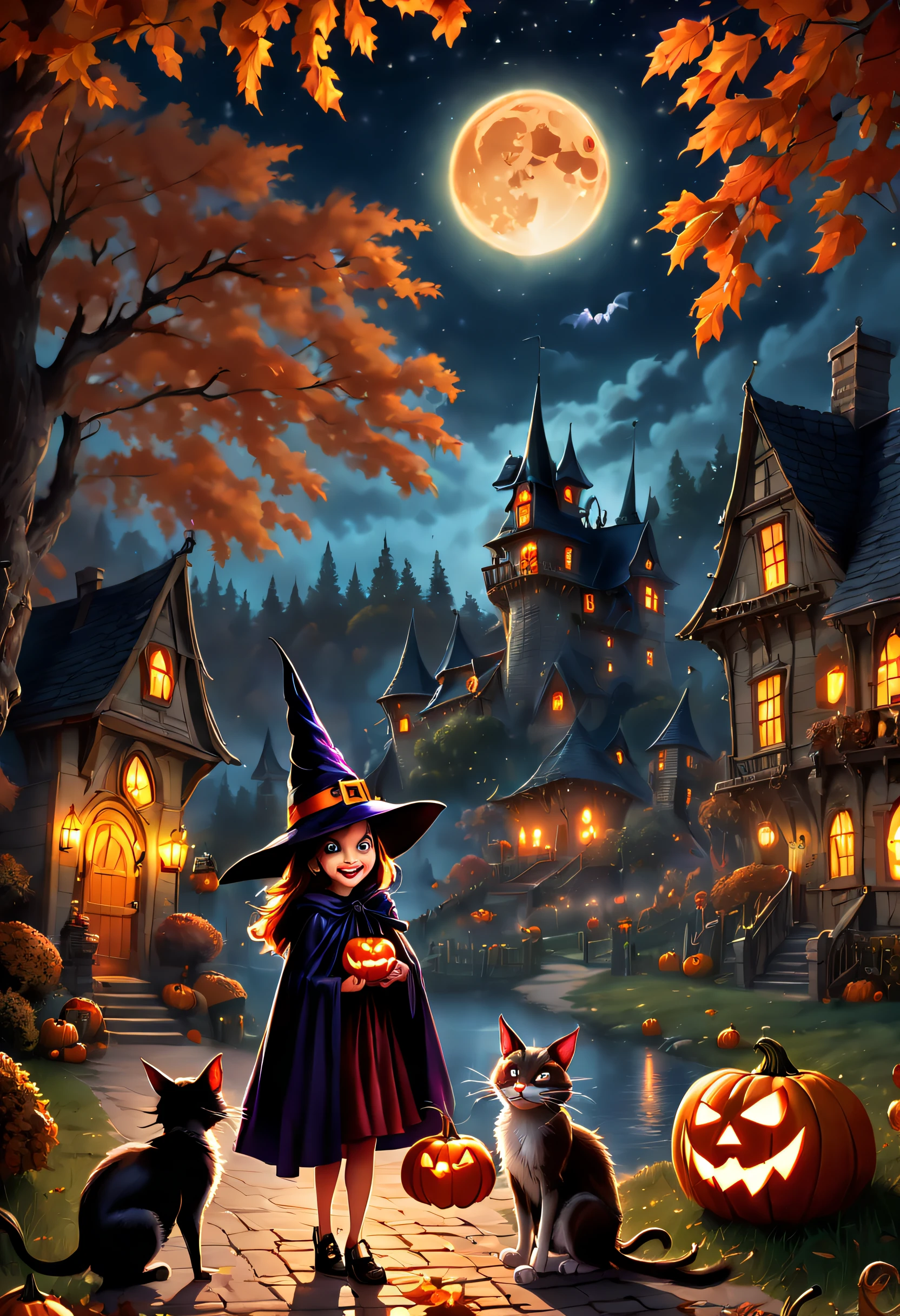 (Best quality,4K,8K,A high resolution,Masterpiece:1.2),Ultra-detailed,(Realistic,Photorealistic,photo-realistic:1.37),Tom and Jerry Halloween night,Red Moon,Castle,pumpkins,the bats,waxy candles,Shining stars,forest,Enigmatic Atmosphere,Costumes,Laughter,Playful chase,Spooky shadows,Haunted atmosphere,Fireworks,wind blowing leaves,jack-o-lanterns,The full moon is reflected on the lake,The witch's broom,Flying Ghosts,spiderwebs,moonlit sky,mysterious darkness,Dimly lit streets,Laughter echoed in the distance,Smoke rising from the cauldron,ghostly figure,dark alley,A trick-or-treat bag full of candy,Happy trick-or-treaters who don't give candy,Giggling witches,Playful pranks,Glowing eyes in the dark,Crackling bon,Witch hat and cape,Delightful scare,Whimsical pumpkin patch,Masquerade,Hidden surprises,Excitement in the air,Eerie stories whisper around the campfire,Lively Halloween decorations,Magic spells and potions,Unforgettable music.