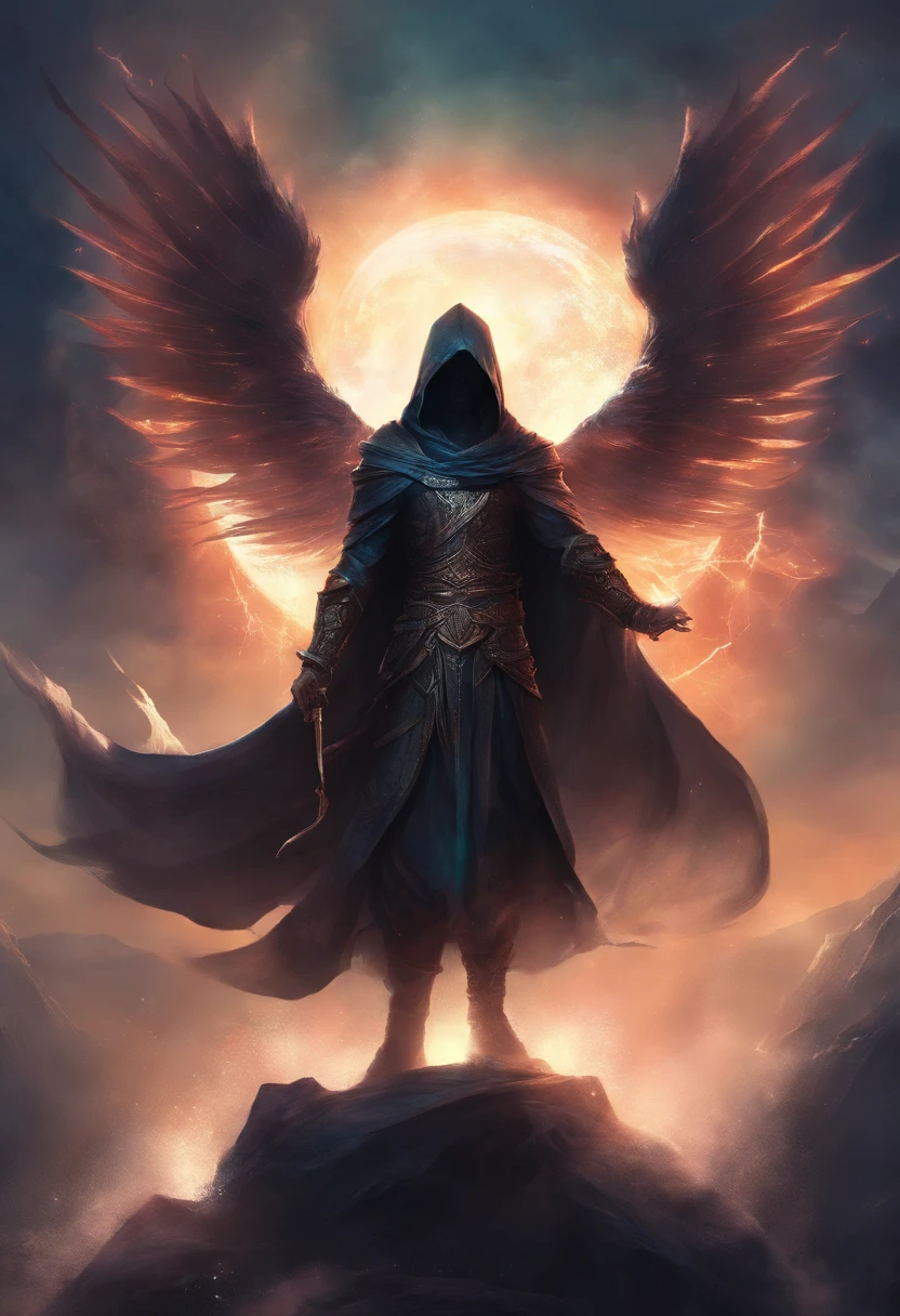 A high-fantasy horror portrait of a hooded shadowy celestial being with luminous, glowing, spectral wings coming out of its back. He is surrounded by dark necrotic clouds, fog and mist. Eldritch energy surrounds his hands.