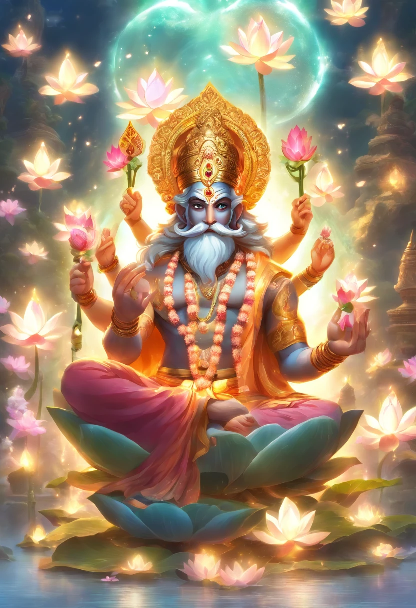 (((Hindu God))) best quality, ultra-high resolution, 4K detailed CG, masterpiece, Brahma, old man, old man, Indian, white long beard, Hindu mythology, sitting on lotus flower, ((sitting on flower lotus) ) Hindu, aesthetic, beautiful, screen-centered image. He is three faced, with two faces looking straight to his left and right. divine face, a enlightening circle around face,