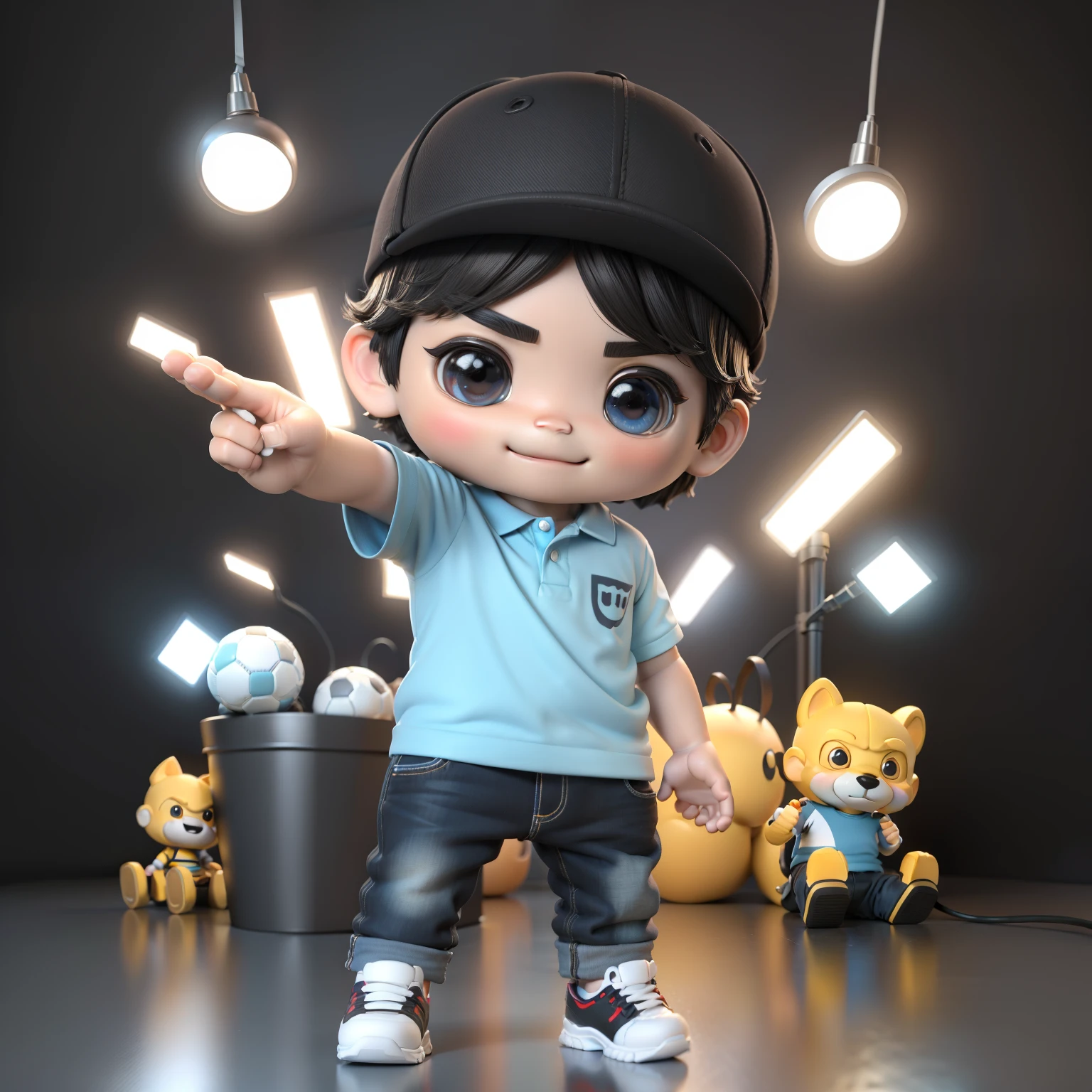 ((Masterpiece, Best quality)),(Complex lighting),,Solo, Smile, Sky blue T-shirt,Black eyes, Black hair, 3D toy, 3D rendering of, ip,chibi, Cute boy, chibiStyle, 4 year o White background, full bodyesbian, Male focus, shoes, Pants, polo, baseball cap,