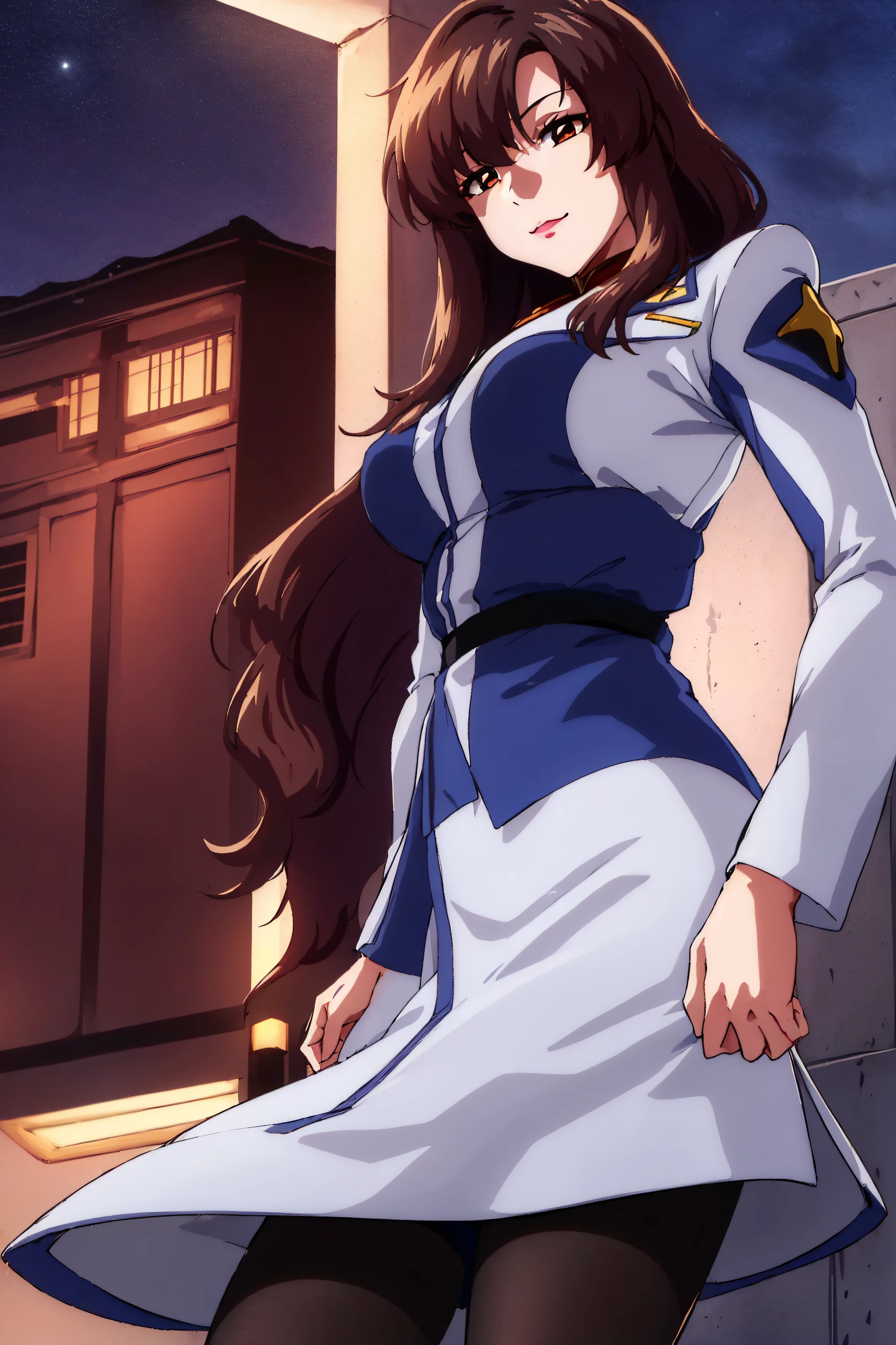 (Night:1.7),a space battleship in space,
walking in streets,pose, hand on hip
military uniform, military,jacket,blue and white uniform,Skirt,
(black_pantyhose:1.3), 
bangs,brown_hair, long_hair,red eyes,lipstick,makeup, 
1 girl,27yo,female,Beautiful Finger,Beautiful long legs,Beautiful body,Beautiful Nose,Beautiful character design, perfect eyes, perfect face, Japanese,cosplay,
looking at viewer, (innocent_big_eyes:1.0),alluring,embarrassed, shy,light smile,
NSFW,official art,extremely detailed CG unity 8k wallpaper, perfect lighting, (masterpiece:1.0),(best_quality:1.0), ultra high res,4K,ultra-detailed, photography, 8K, HDR, highres, absurdres:1.2, Kodak portra 400, film grain, blurry background, bokeh:1.2, lens flare, (vibrant_color:1.2),(beautiful_face:1.5),(narrow_waist),(perfect hands, perfect anatomy),