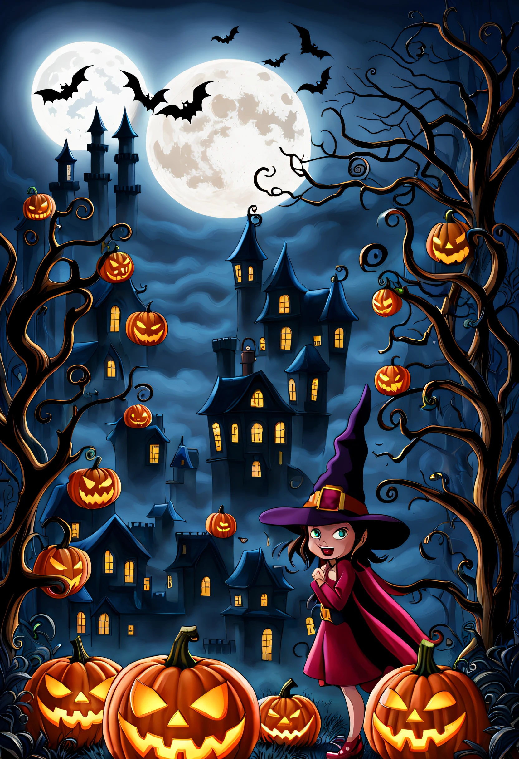 (Best quality,4K,8K,A high resolution,Masterpiece:1.2),Ultra-detailed,(Realistic,Photorealistic,photo-realistic:1.37),Tom and Jerry Halloween night,Red Moon,Castle,pumpkins,the bats,waxy candles,Shining stars,forest,Enigmatic Atmosphere,Costumes,Laughter,Playful chase,Spooky shadows,Haunted atmosphere,Fireworks,wind blowing leaves,jack-o-lanterns,The full moon is reflected on the lake,The witch's broom,Flying Ghosts,spiderwebs,moonlit sky,mysterious darkness,Dimly lit streets,Laughter echoed in the distance,Smoke rising from the cauldron,ghostly figure,dark alley,A trick-or-treat bag full of candy,Happy trick-or-treaters who don't give candy,Giggling witches,Playful pranks,Glowing eyes in the dark,Crackling bon,Witch hat and cape,Delightful scare,Whimsical pumpkin patch,Masquerade,Hidden surprises,Excitement in the air,Eerie stories whisper around the campfire,Lively Halloween decorations,Magic spells and potions,Unforgettable music.
