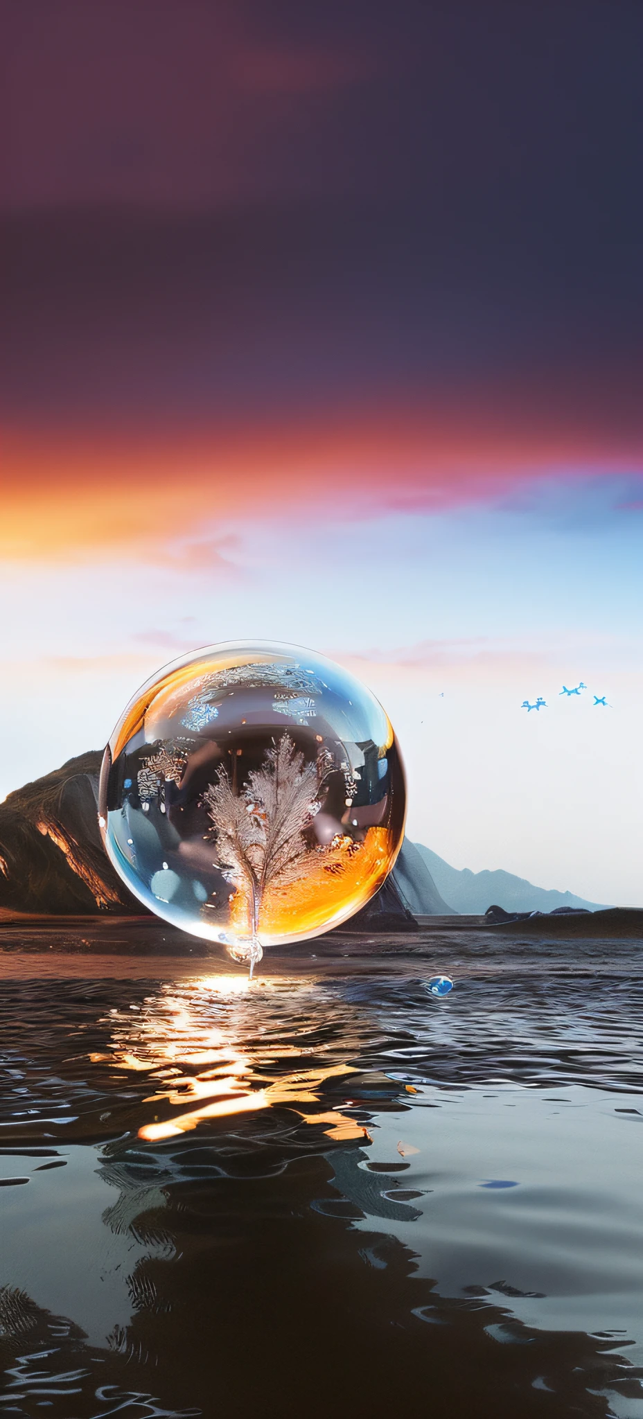 Floating on the surface of the water in bubbles of the planet