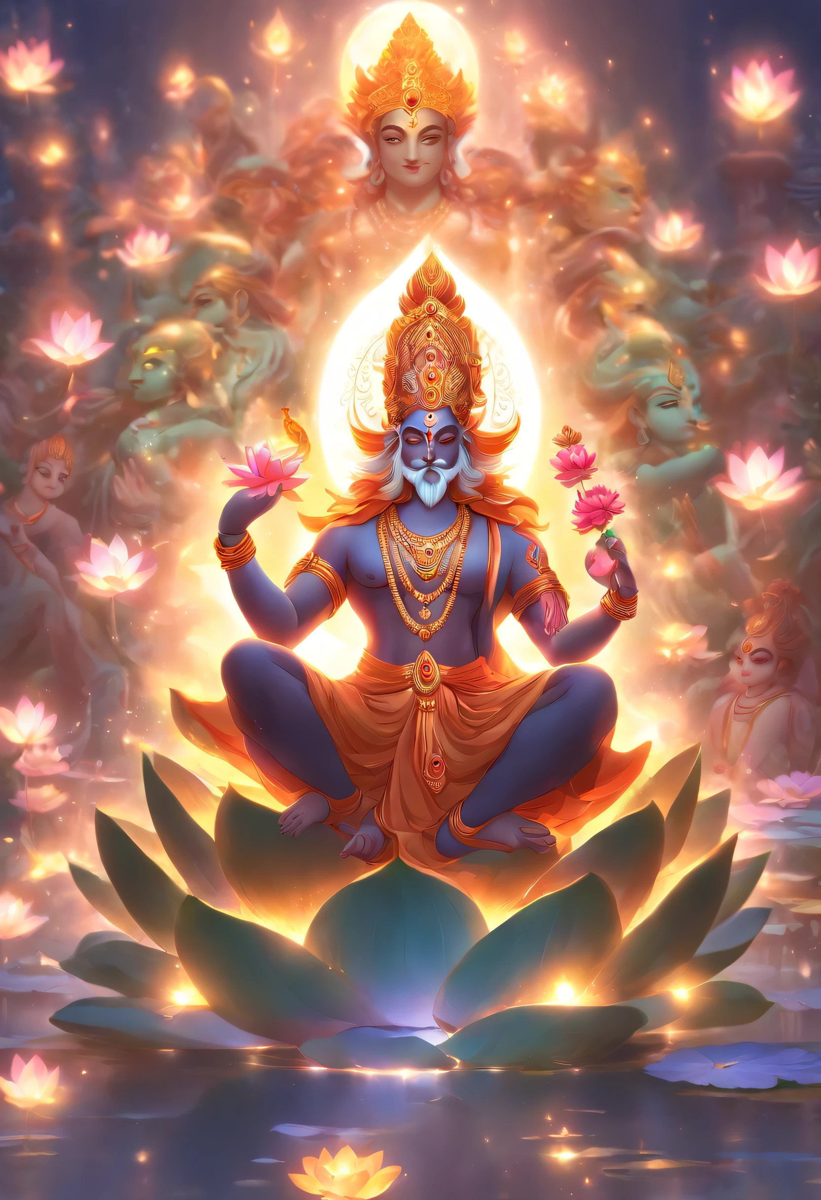 (((Hindu God))) best quality, ultra-high resolution, 4K detailed CG, masterpiece, Brahma, old man, old man, Indian, white long beard, Hindu mythology, sitting on lotus flower, ((sitting on flower lotus) ) Hindu, aesthetic, beautiful, screen-centered image. He is three faced, with two faces looking straight to his left and right. divine face, a enlightening circle around face,