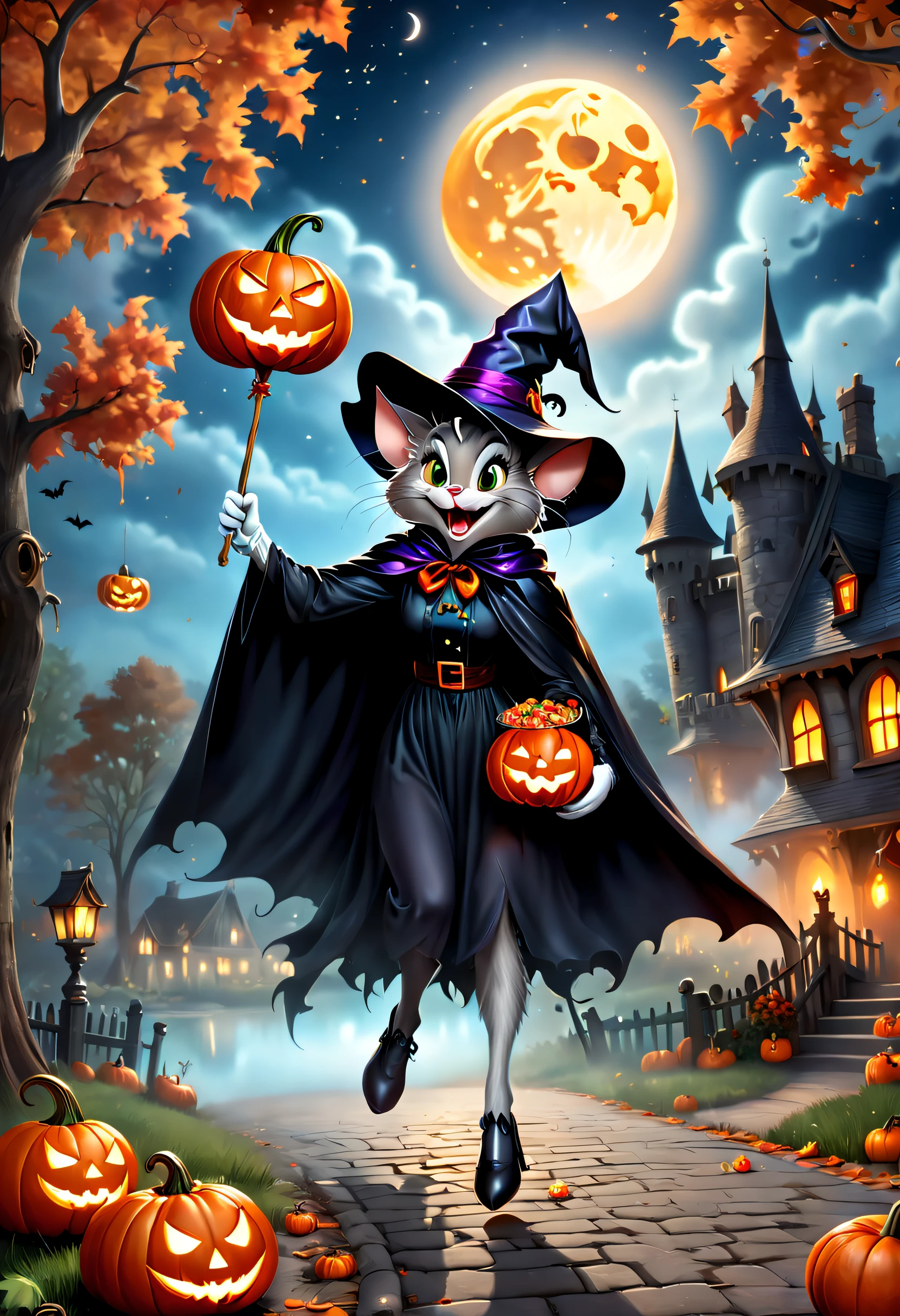 (Best quality,4K,8K,A high resolution,Masterpiece:1.2),Ultra-detailed,(Realistic,Photorealistic,photo-realistic:1.37),Tom and Jerry Halloween night,Red Moon,Castle,pumpkins,the bats,waxy candles,Shining stars,forest,Enigmatic Atmosphere,Costumes,Laughter,Playful chase,Spooky shadows,Haunted atmosphere,Fireworks,wind blowing leaves,jack-o-lanterns,The full moon is reflected on the lake,The witch's broom,Flying Ghosts,spiderwebs,moonlit sky,mysterious darkness,Dimly lit streets,Laughter echoed in the distance,Smoke rising from the cauldron,ghostly figure,dark alley,A trick-or-treat bag full of candy,Happy trick-or-treaters who don't give candy,Giggling witches,Playful pranks,Glowing eyes in the dark,Crackling bon,Witch hat and cape,Delightful scare,Whimsical pumpkin patch,Masquerade,Hidden surprises,Excitement in the air,Eerie stories whisper around the campfire,Lively Halloween decorations,Magic spells and potions,Unforgettable music.