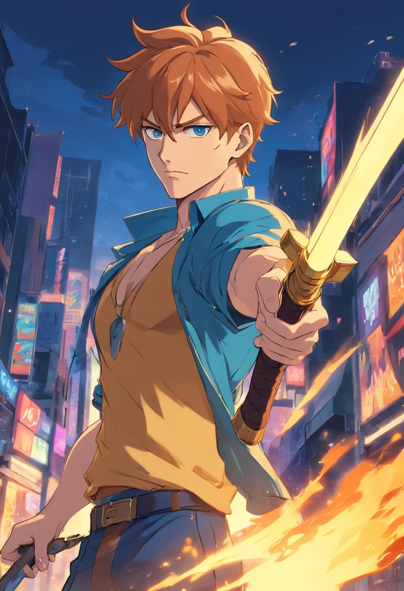 "uma detalhada, Cartoon illustration of Johny Bravo with the clothes of the character escanor with his gun, the axe in his hand, serious expression on his face in a dynamic pose, estilo cartoon, Rede de desenhos animados, Dramatic lighting and cartoon style."