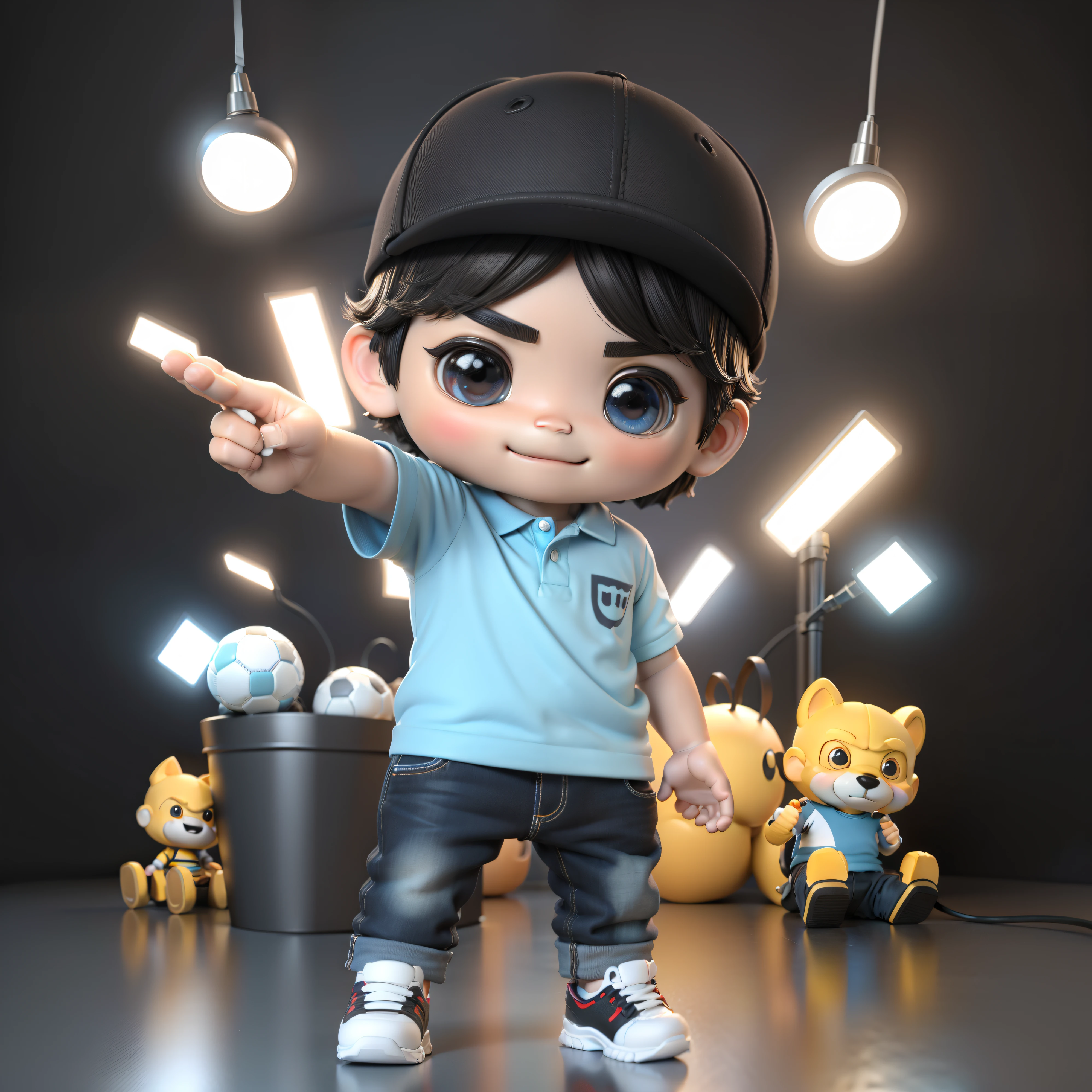 ((Masterpiece, Best quality)),(Complex lighting),,Solo, Smile, Sky blue T-shirt，Black eyes, Black hair, 3D toy, 3D rendering of, ip,chibi, Cute **********, chibiStyle, 4 year old, Hat, White background, full bodyesbian, Male focus, shoes, Pants, polo, baseball cap,