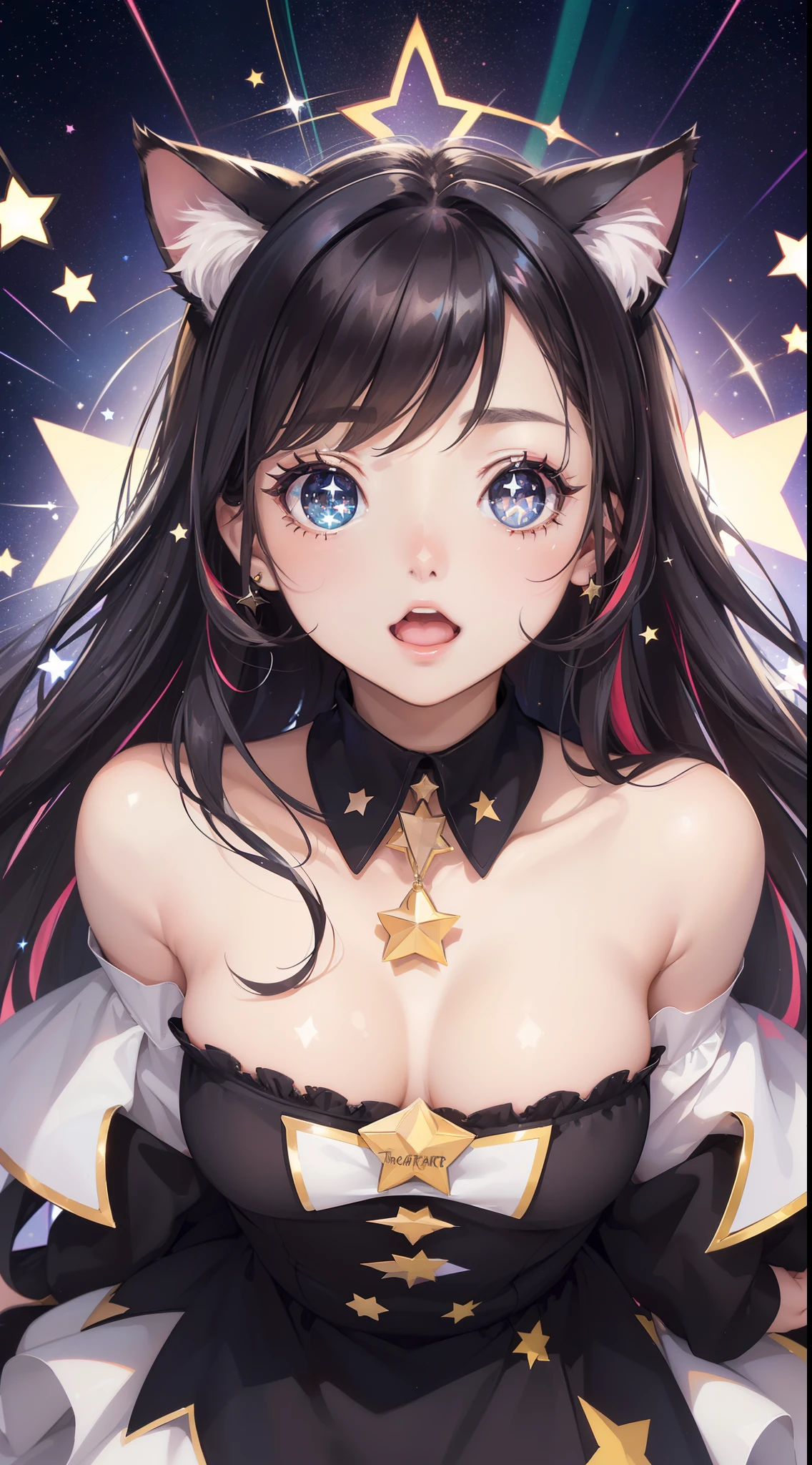 (masterpiece, best quality), ((1girl, (mature female) long hair), (star-shaped pupils, +_+, symbol-shaped pupils, sparkling eyes), (cat ears, open open mouth)), (looking at viewer, light smile, off shoulder), (abstract, multicolored background, abstract background, chromatic aberration),