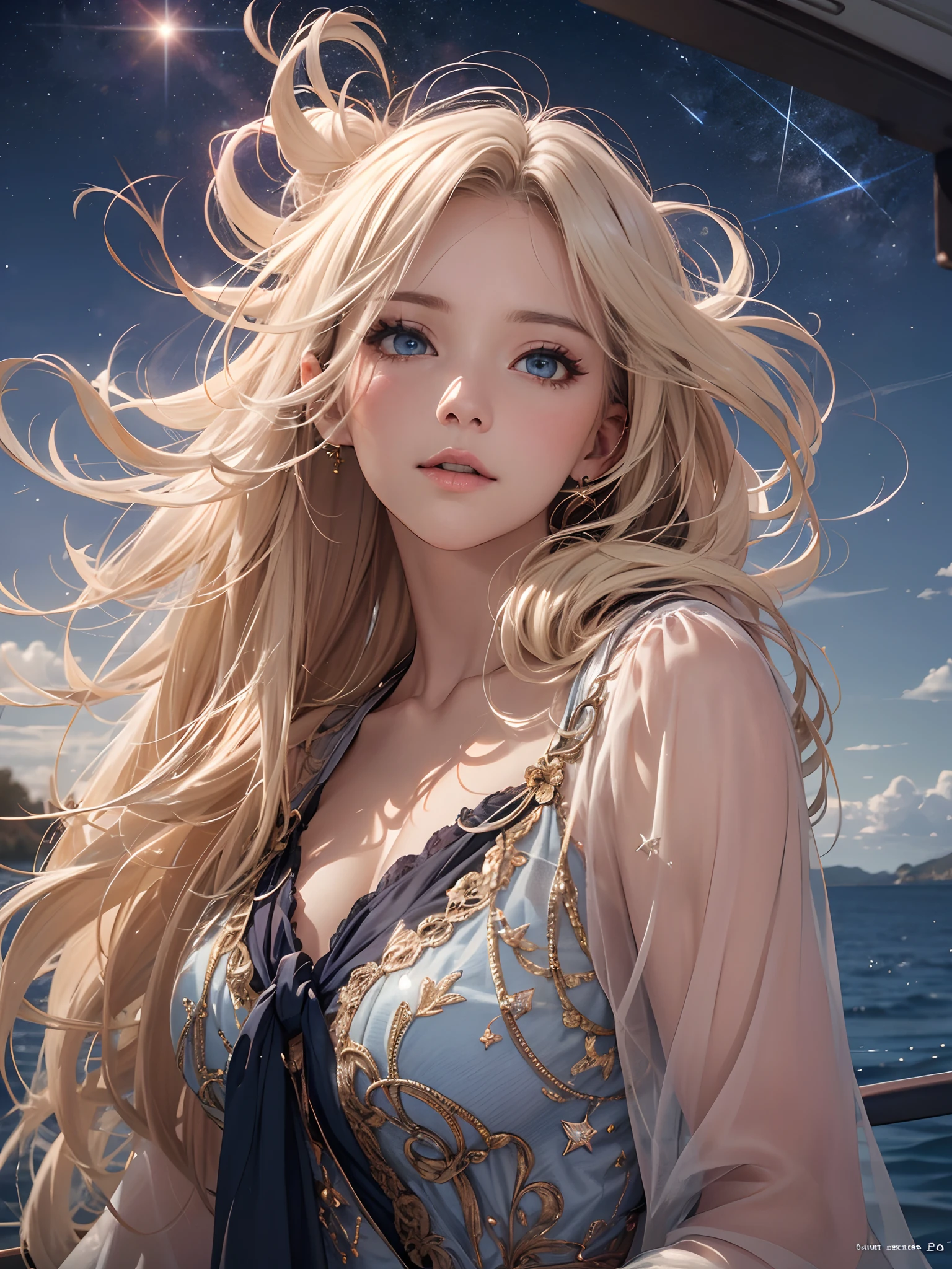 (Best Quality, High resolution:1.2, Ultra-detailed, Realistic:1.37), Slim woman, Silky straight blonde hair, (Deep Blue Eyes:1.3), Gentle smile, Grey sky shrouded in grey, Longing for an overflowing night, I want to rescue my lover from the devil's castle, Accept, Longing for items that sparkle with stars, Golden Traveler Awaits, Let's hurry up, When the sun wakes up, Let's get on that boat, Approaching, thaw