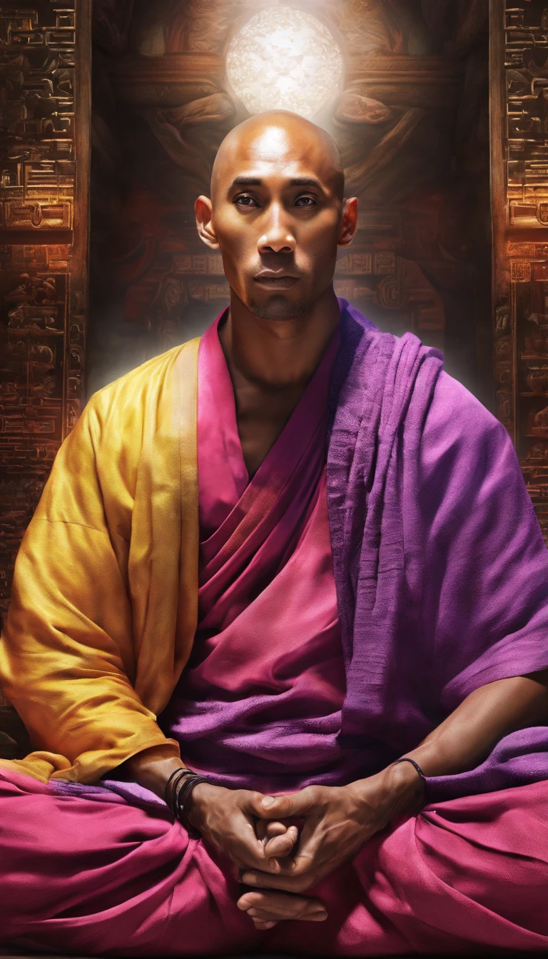 An Asian monk,Look ahead,Meditate cross-legged, at centre,Very bright colors, Light particles, with light glowing, kobe bryant, wallpaper art, UHD wallpaper
