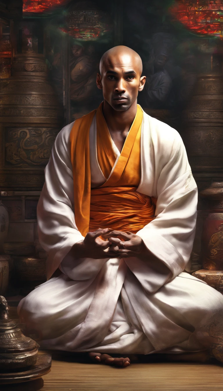 An Asian monk，Look ahead，Meditate cross-legged, at centre，Very bright colors, Light particles, with light glowing, kobe bryant, wallpaper art, UHD wallpaper
