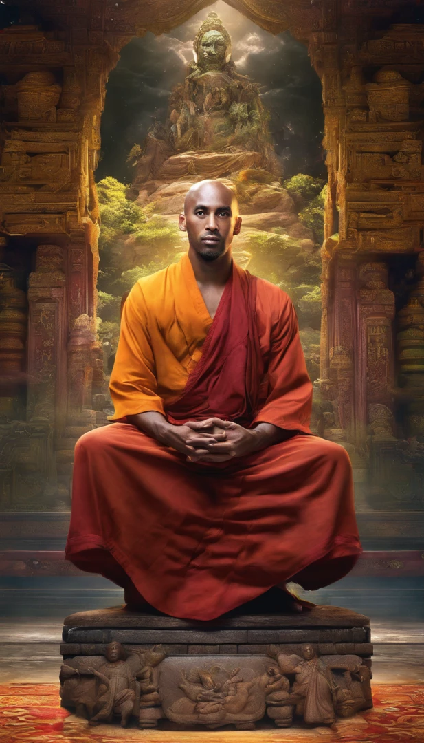 An Asian monk,Look ahead,Meditate cross-legged, at centre,Very bright colors, Light particles, with light glowing, kobe bryant, wallpaper art, UHD wallpaper