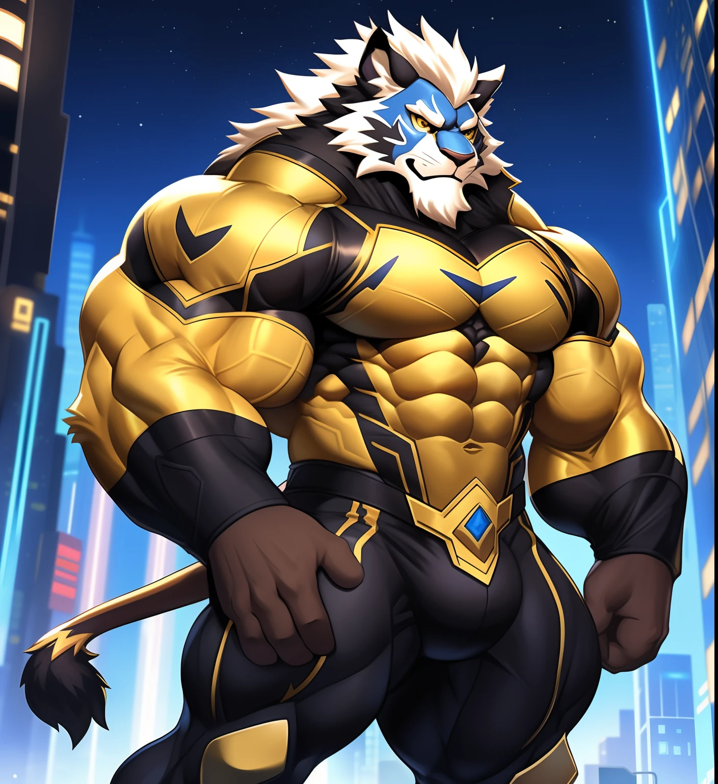 Antecedentes de la ciudad, Rascacielos, Futuristic city, Noche, Estrellas, Luces nocturnas, Leomon Gigachad, super hero, hero, bodysuit, massive muscles, pectorales enormes, ((pectorales masivos)) ((pectorales enormes)) ABS cincelados, pectorales enormes, Exaggeratedly huge muscles. A furry hero whose presence inspires trust and respect. (((His hero costume is black and gold.))) (((derriere))) muslos musculosos enormes firmes, nalgas redondas y trasero redondo con la espalda, Lion's tail, Cola larga, enorme ((huge buttocks))
