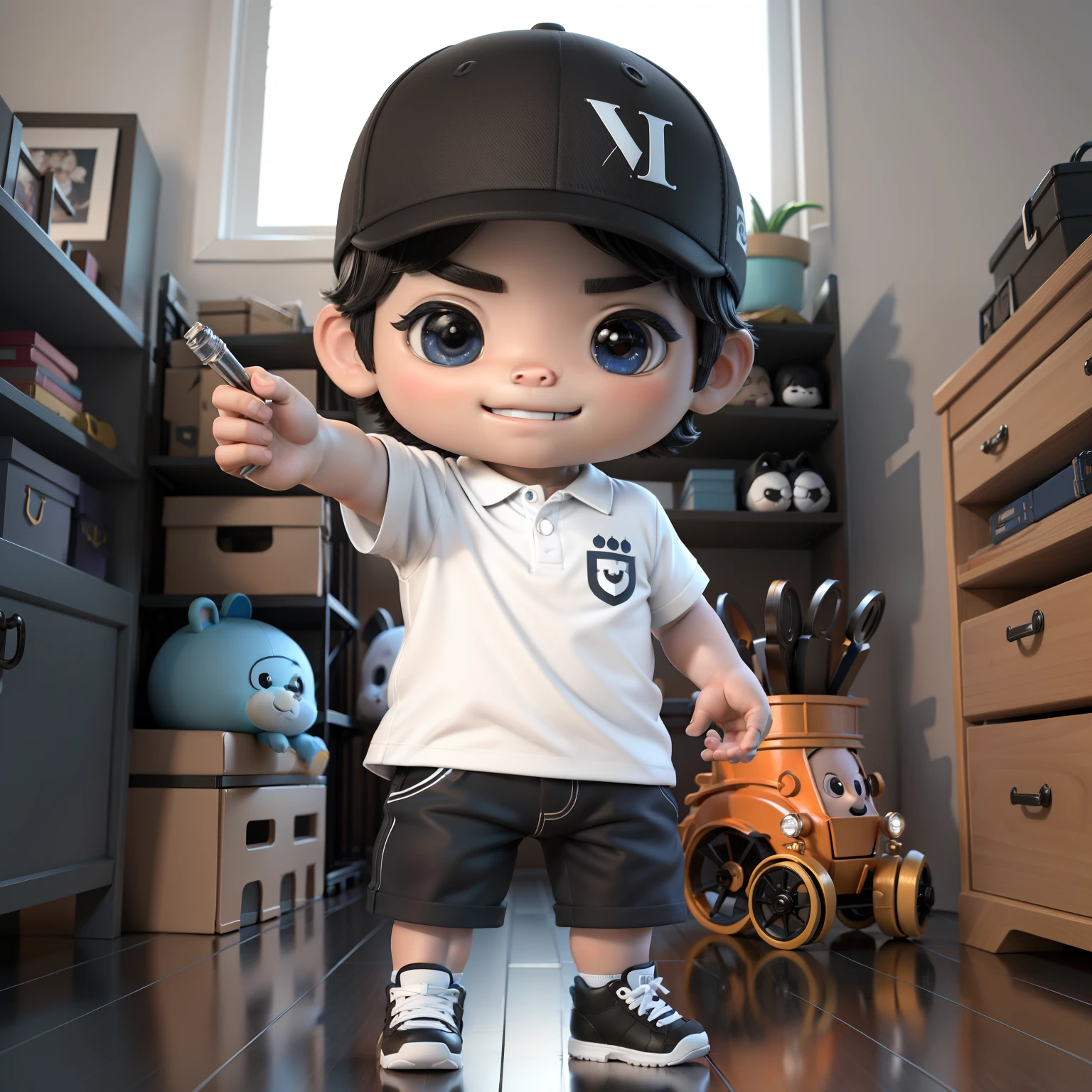 ((Masterpiece, Best quality)),(Complex lighting),,Solo, Smile, Sky blue T-shirt，Black eyes, Black hair, 3D toy, 3D rendering of, ip,tchibi, Cute little boy, chibiStyle, 4 year old, Hat, White background, full bodyesbian, Male focus, shoes, Pants, polo, baseball cap,