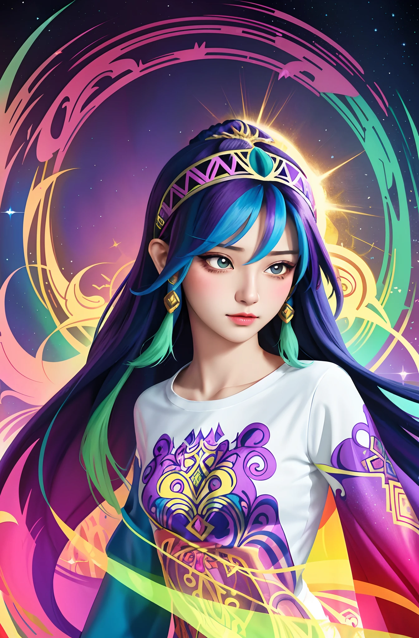 vector t-shirt art ready for print colorful graffiti illustration of an art nouveau gorgeous attractive arabian princess from 1001 nights with pashmina on the head, portrait, 3/4 perspective, action shot, vibrant color, high detail, white background