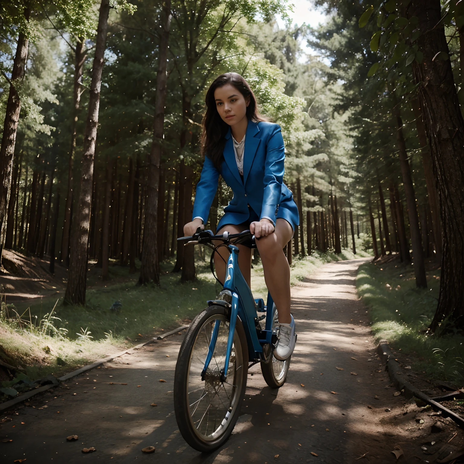 Girl in blue suit riding a bicycle on a forest path.