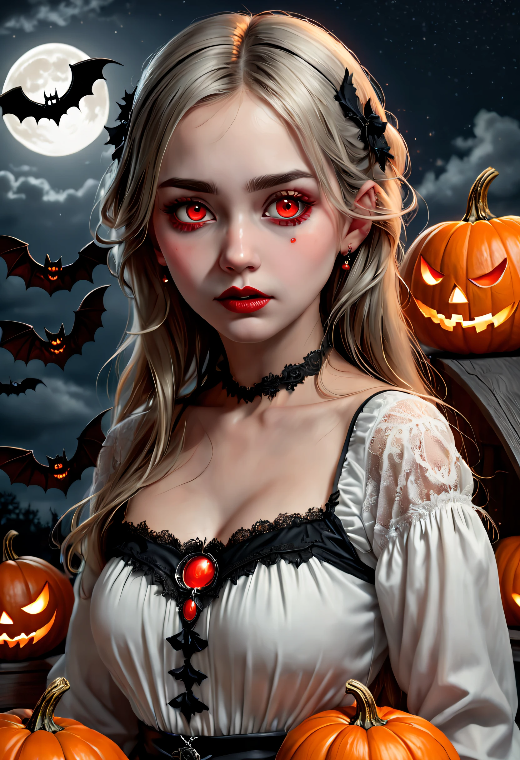 (Best quality,4K,8K,A high resolution,Masterpiece:1.2),Ultra-detailed,(Realistic,Photorealistic,photo-realistic:1.37),The art of segmentation，1girll，Red Moon，borgar，pumpkins，the bats，(Black and white:1.1),(Halloween:1.1),1 candle，silence，devout，sorrowful,Funeral,Reminisce about the past,sadness,faded memories,