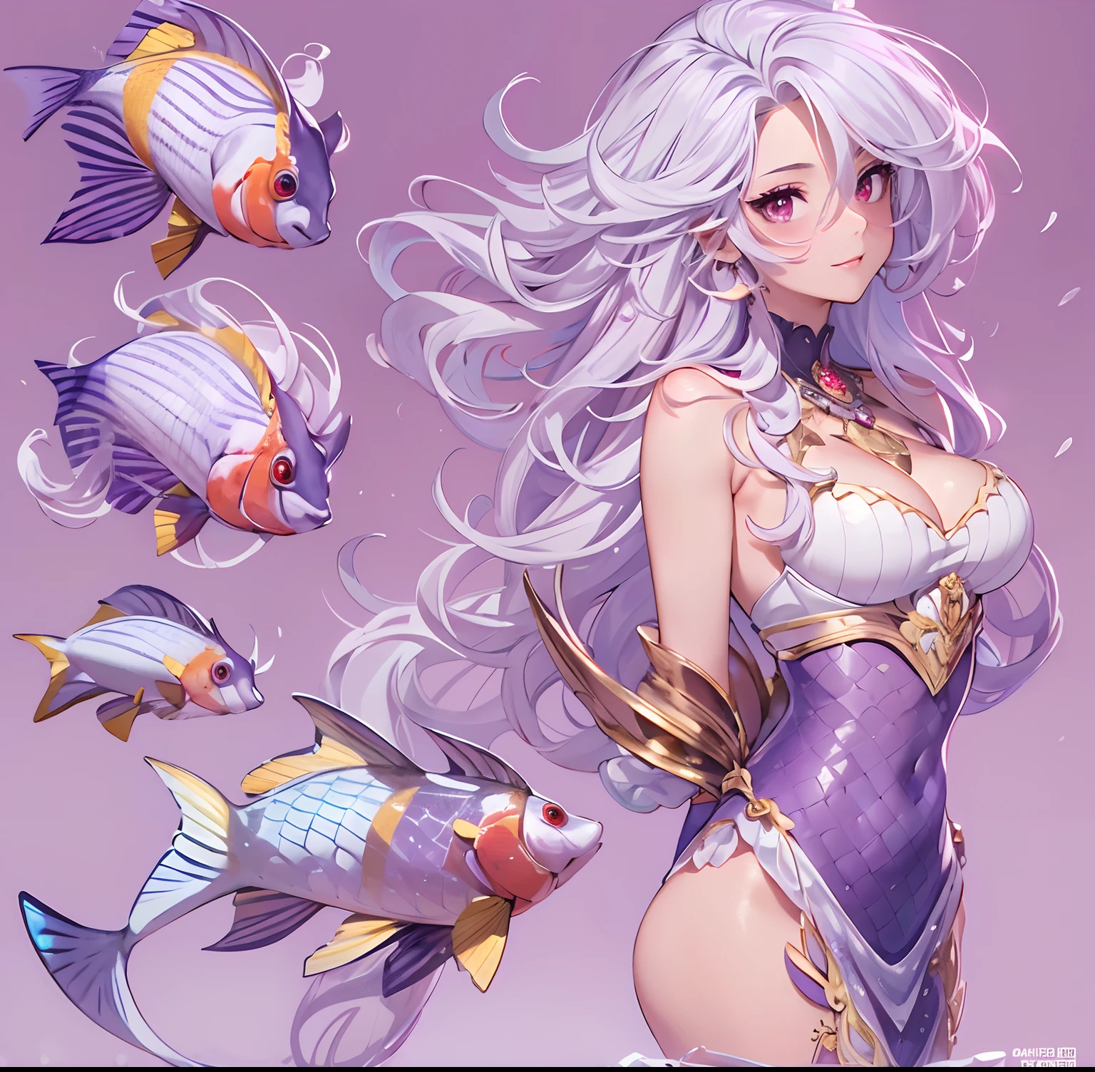 ((Masterpiece, Highest quality)), Detailed face, CharacterDesignSheet, full bodyesbian, Full of details, Multiple poses and expressions, Highly detailed, Depth, Many parts,Beautiful mermaid girl,Human fishtail,estilo fantasia,Extremely beautiful,High Balance, Natural light, Water ripples around, white hair, fish features, red eyes, gills, scales, sea shell hair ornament, red jewellery, happy, smiling, ((purple tinted skin)), blush, highlights, glossy lips, (((full body))), reference sheet, standing,, white background, no background