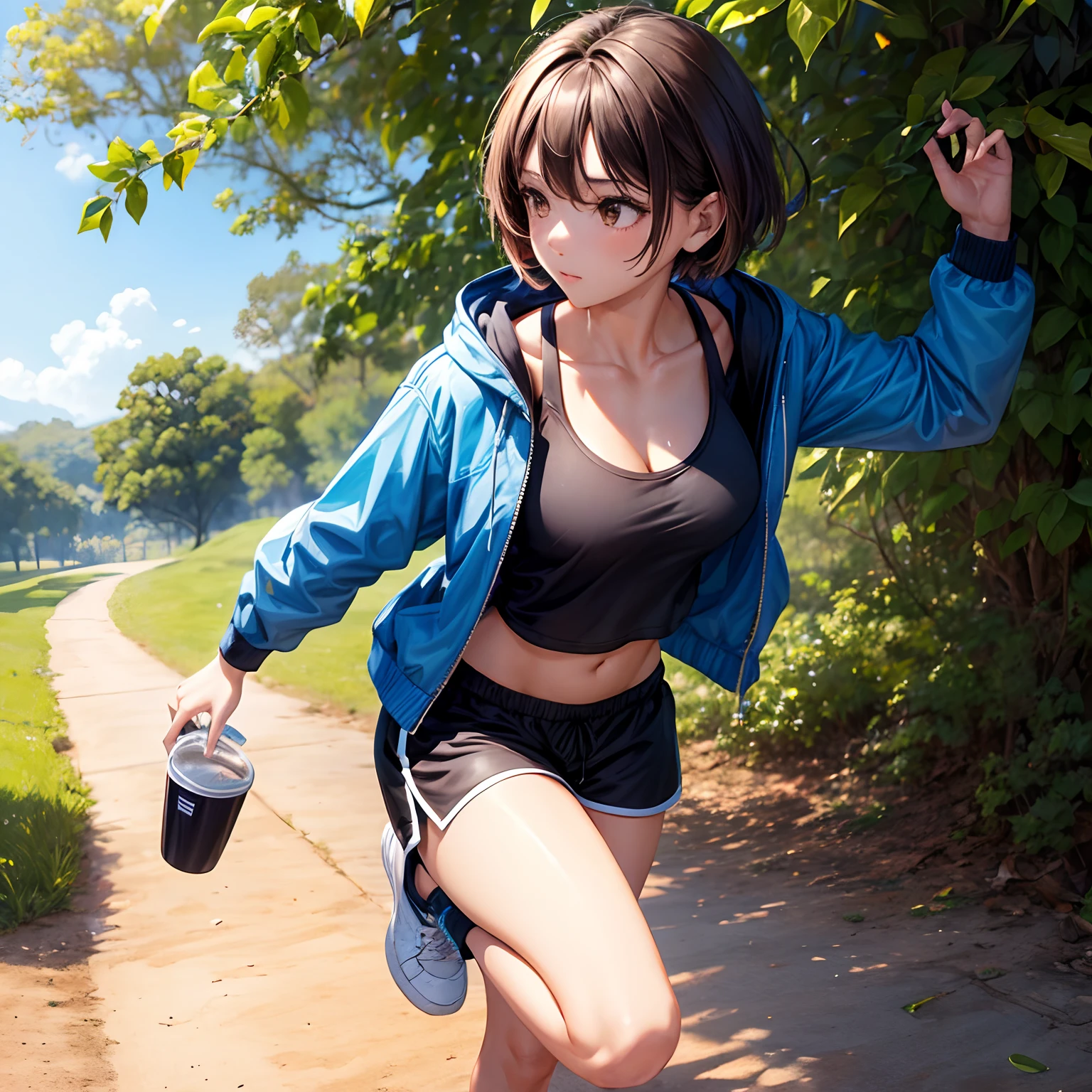 Sexy 1Girl in a park, brown short hair, brown eyes, open blue jacket, walking on a dirt trail, black jogging shorts,black jogging crop top, white tennis shoes, white earbuds