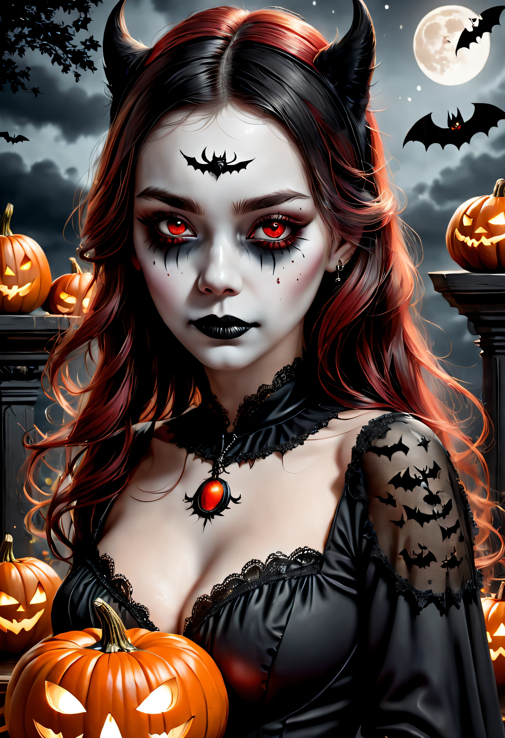 (Best quality,4K,8K,A high resolution,Masterpiece:1.2),Ultra-detailed,(Realistic,Photorealistic,photo-realistic:1.37),The art of segmentation,1girll,Red Moon,borgar,pumpkins,the bats,(Black and white:1.1),(Halloween:1.1),1 candle,silence,devout,sorrowful,Funeral,Reminisce about the past,sadness,faded memories,