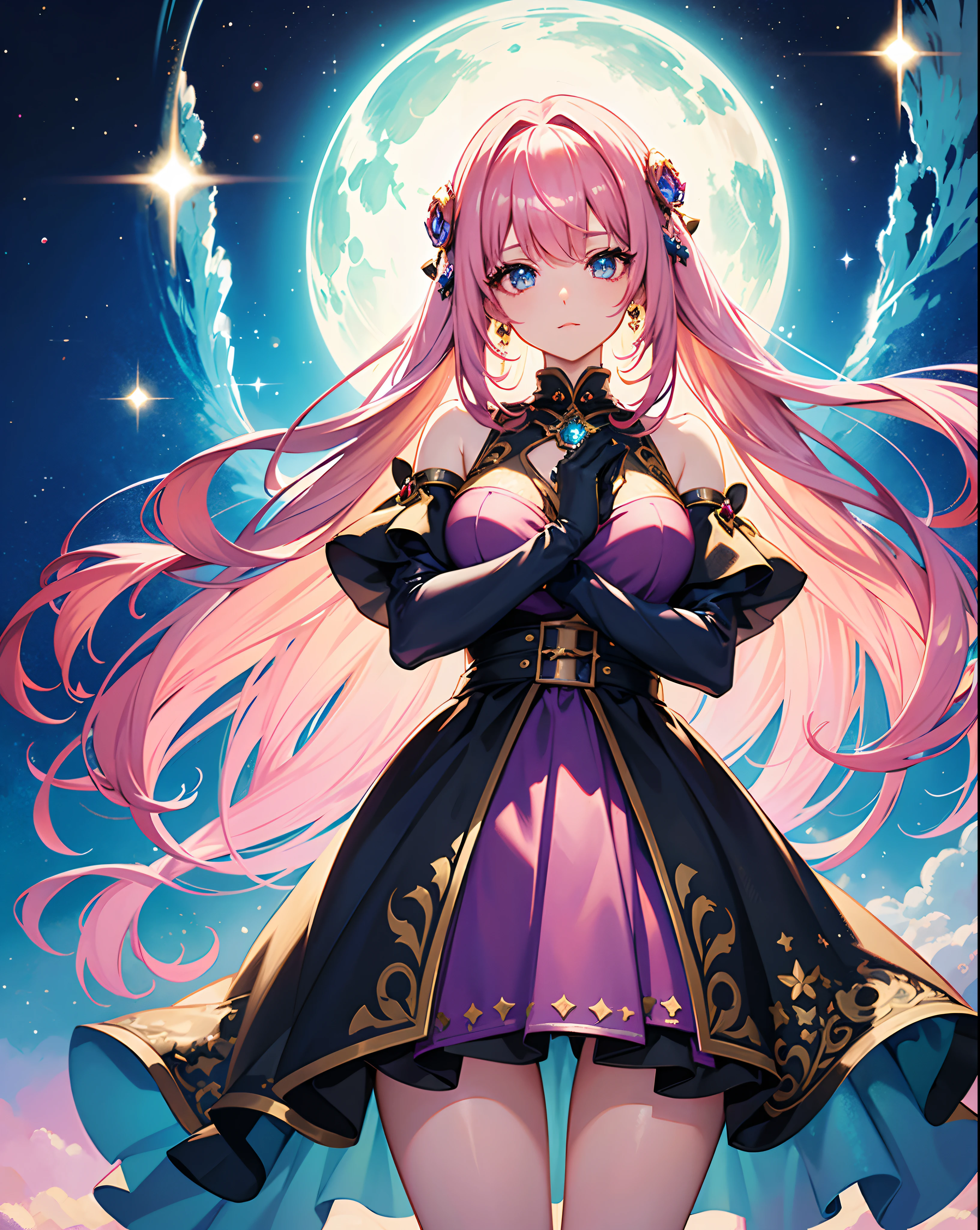 digital art, an anime girl, pretty face, pretty hair, fantasy hair, fantasy colored hair, shining eyes, looking charming and bright, not NSFW, wearing super fantasy glittery tops and shorts, very detailed outfit, wearing fantasy glittery jewels, omit ugly hands, standing, in a detailed dreamy beautiful fantasy land, good lighting, super cozy atmospheres