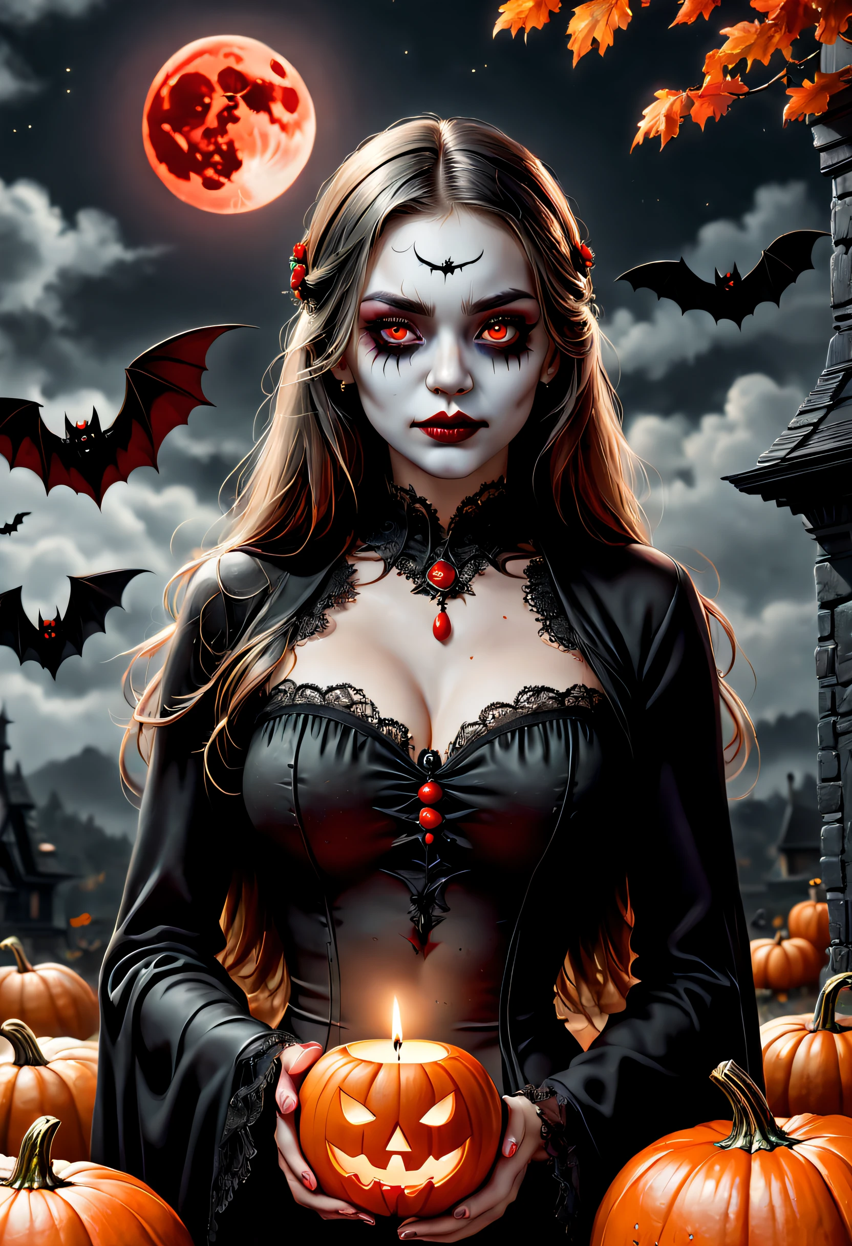(Best quality,4K,8K,A high resolution,Masterpiece:1.2),Ultra-detailed,(Realistic,Photorealistic,photo-realistic:1.37),The art of segmentation，1girll，Red Moon，borgar，pumpkins，the bats，(Black and white:1.1),(Halloween:1.1),1 candle，silence，devout，sorrowful,Funeral,Reminisce about the past,sadness,faded memories,