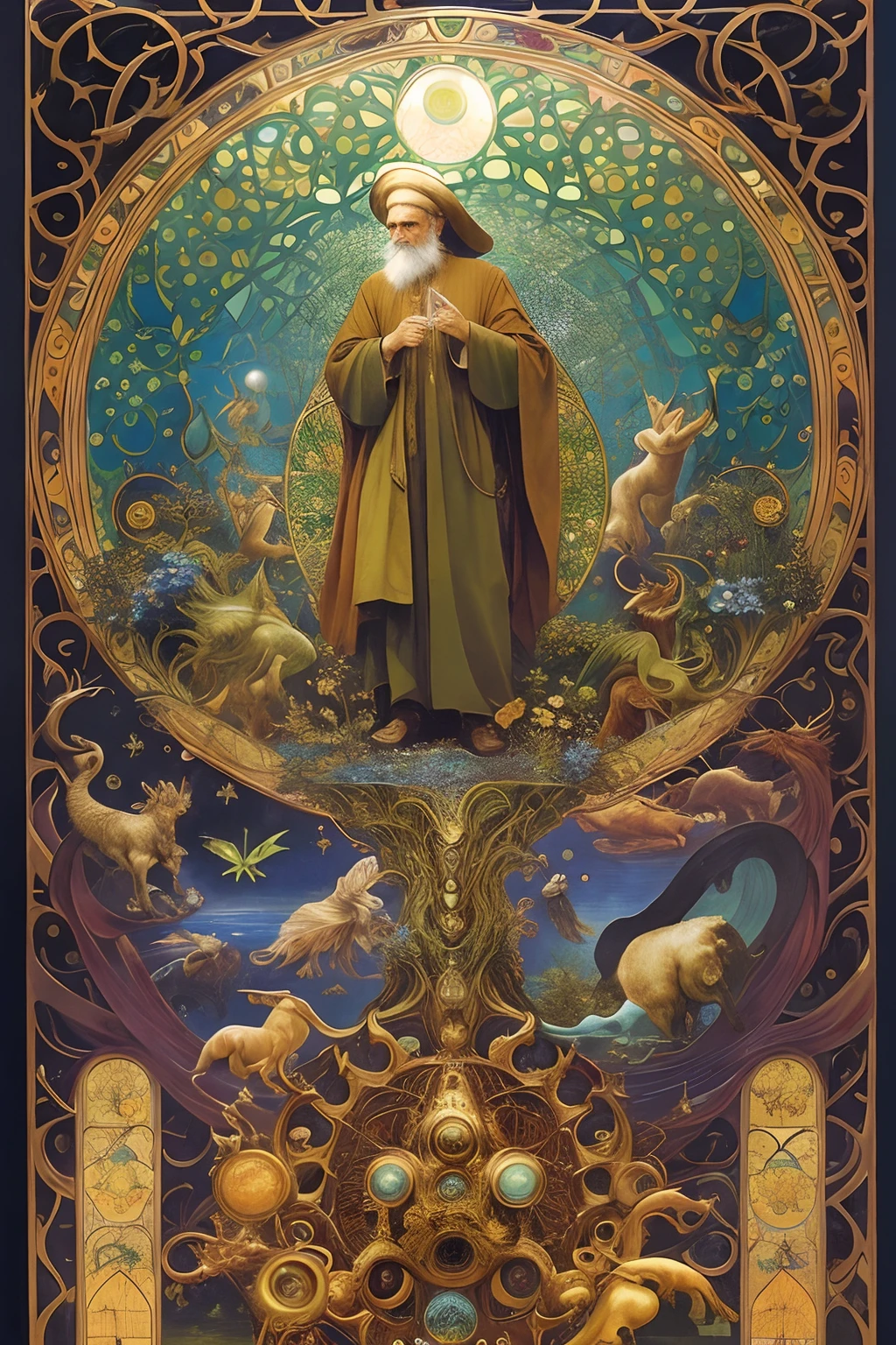 high quality, highly detailed, fantasy, At the forefront of this enchanting scene stands a fantastical old man imam khomeini the iranian leader, with long hair and beard, wear long green arabian dress, looking to sky,  the scene in full of islamic and arabian symbols, holy quran in his hand, a harmonious fusion of the whimsical beings imagined by Hieronymus Bosch and the organic fluidity found in Alphonse Mucha's art nouveau lines, This man becomes a captivating focal point, embodying the essence of surreal enchantment and organic elegance, Adding an otherworldly touch, elements inspired by H.R. Giger's biomechanical aesthetic seamlessly integrate into the cosmic tableau, by yukisakura, awesome full color,