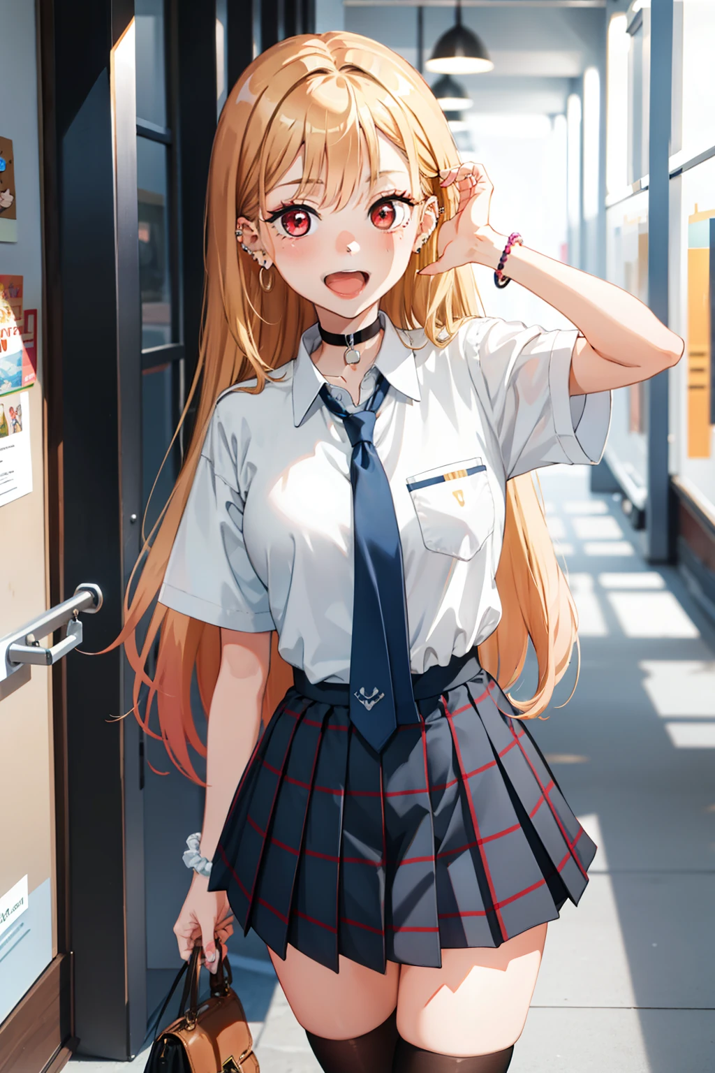 1girl,  Marin Kitagawa, long hair, blonde hair, red eyes, piercing, earrings, ear piercing, stud earrings, black choker, loose necktie,  school uniform, white collared shirt, (blue skirt:1.1), pleated skirt, plaid skirt, bead bracelet, wrist scrunchie, long fingernails, open mouth, smile, black socks, brown footwear,, (masterpiece:1.2), highres, best quality, 8k, very clear,