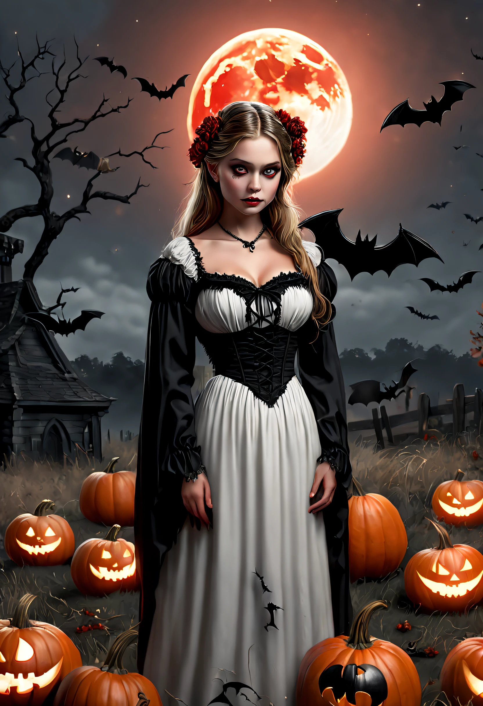 (Best quality,4K,8K,A high resolution,Masterpiece:1.2),Ultra-detailed,(Realistic,Photorealistic,photo-realistic:1.37),The art of segmentation,1girll,Red Moon,borgar,pumpkins,the bats,(Black and white:1.1),(Halloween:1.1),1 candle,silence,devout,sorrowful,Funeral,Reminisce about the past,sadness,faded memories,