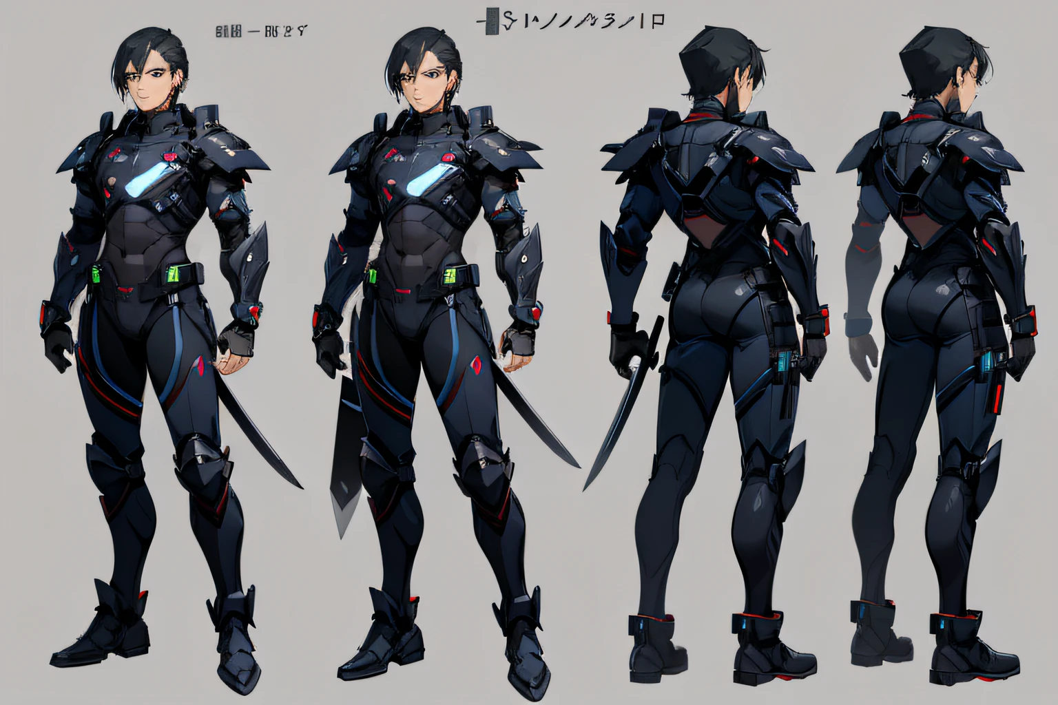 young man,character sheet, multiple angles, stoic face, middle-part hairstyle, black hair, cyber armor attire, holding a neon katana