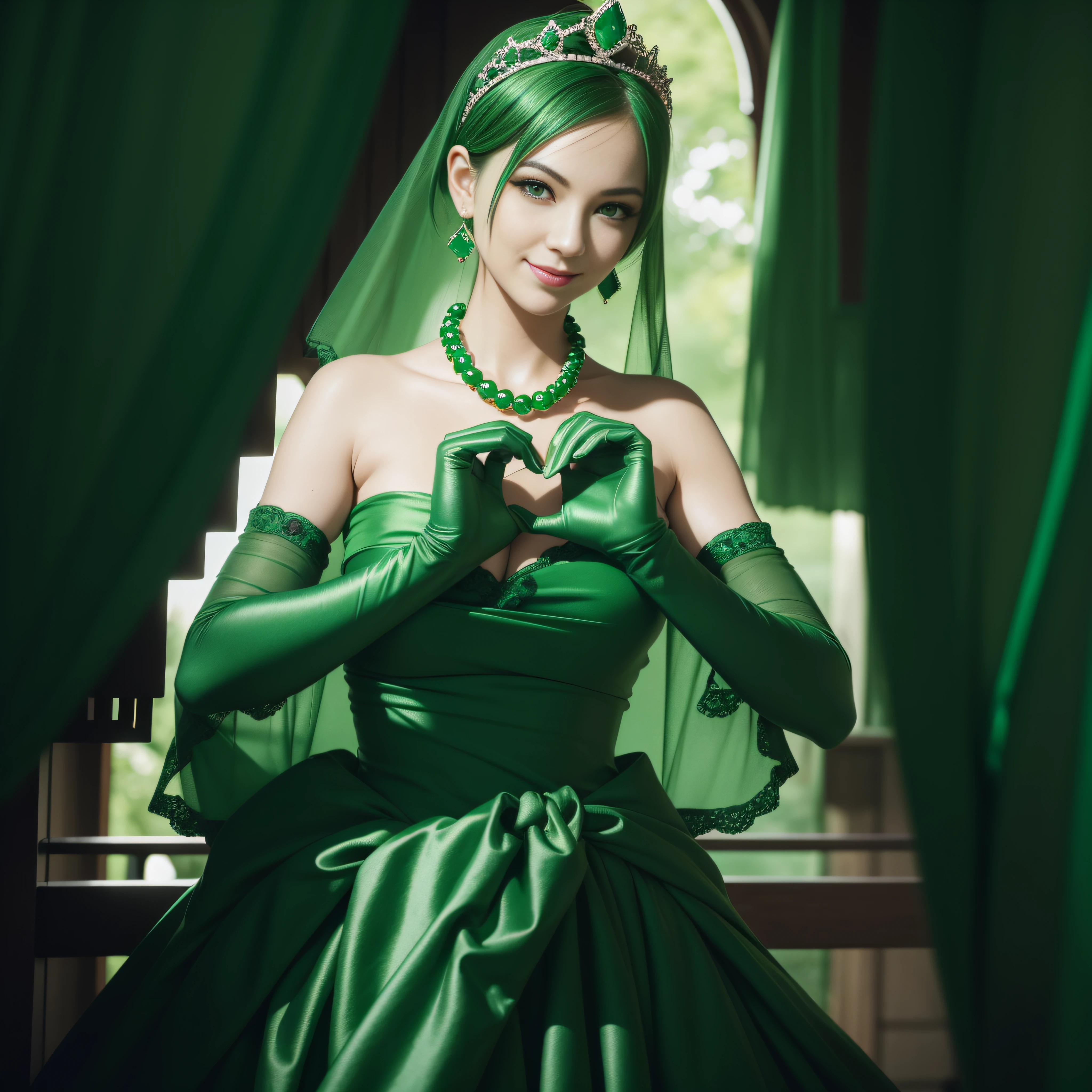 emerald tiara, Green Pearl Necklace, Boyish very short green hair, lipsticks, Japan woman smiling, very short short hair,  big breasts beautiful, Green eyes, Long green gloves made of satin material, Green eyes, Emerald Earrings, green vale, Heart with both hands