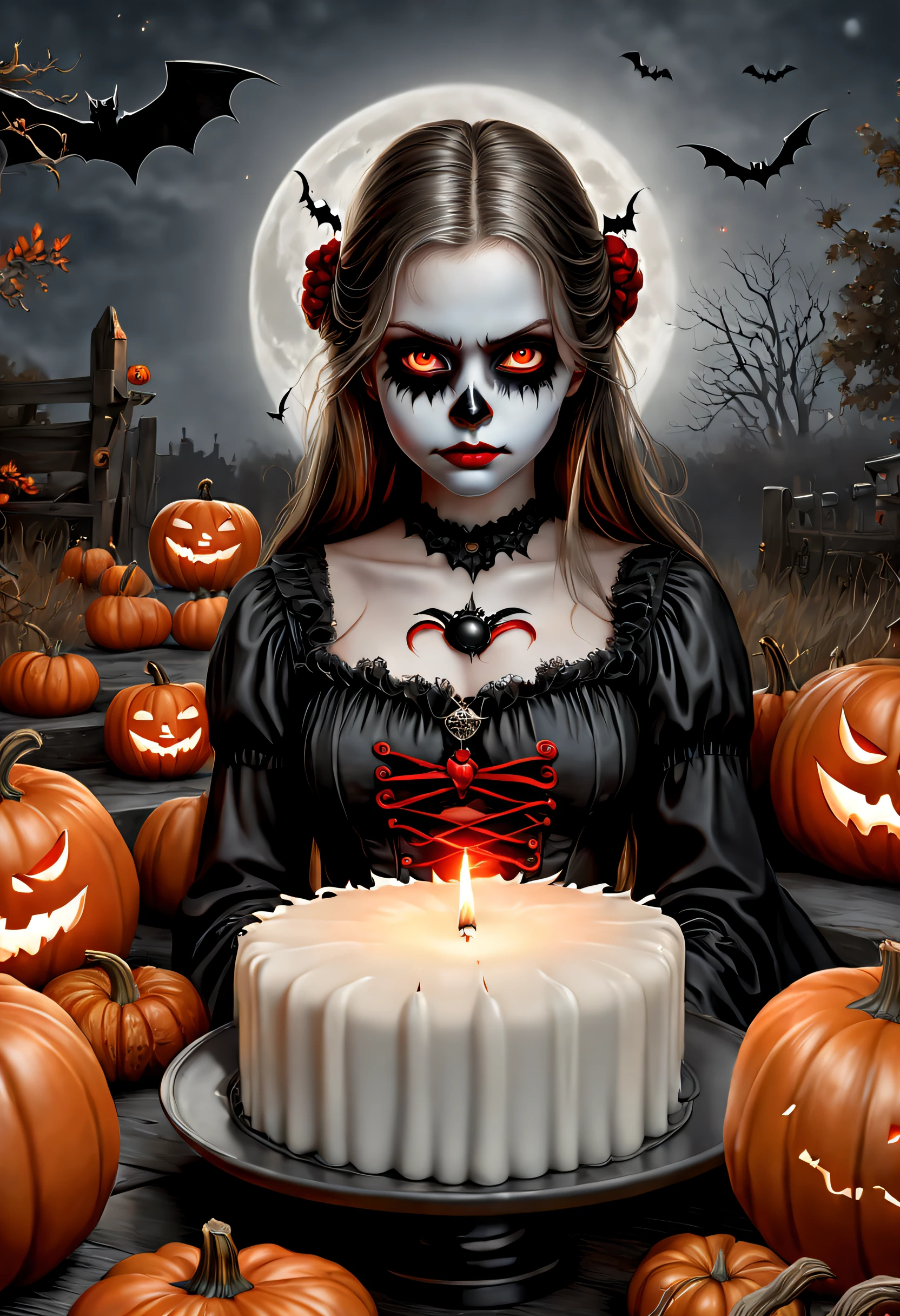 (Best quality,4K,8K,A high resolution,Masterpiece:1.2),Ultra-detailed,(Realistic,Photorealistic,photo-realistic:1.37),The art of segmentation，1girll，Red Moon，borgar，pumpkins，the bats，(Black and white:1.1),(Halloween:1.1),1 candle，silence，devout，sorrowful,Funeral,Reminisce about the past,sadness,faded memories,