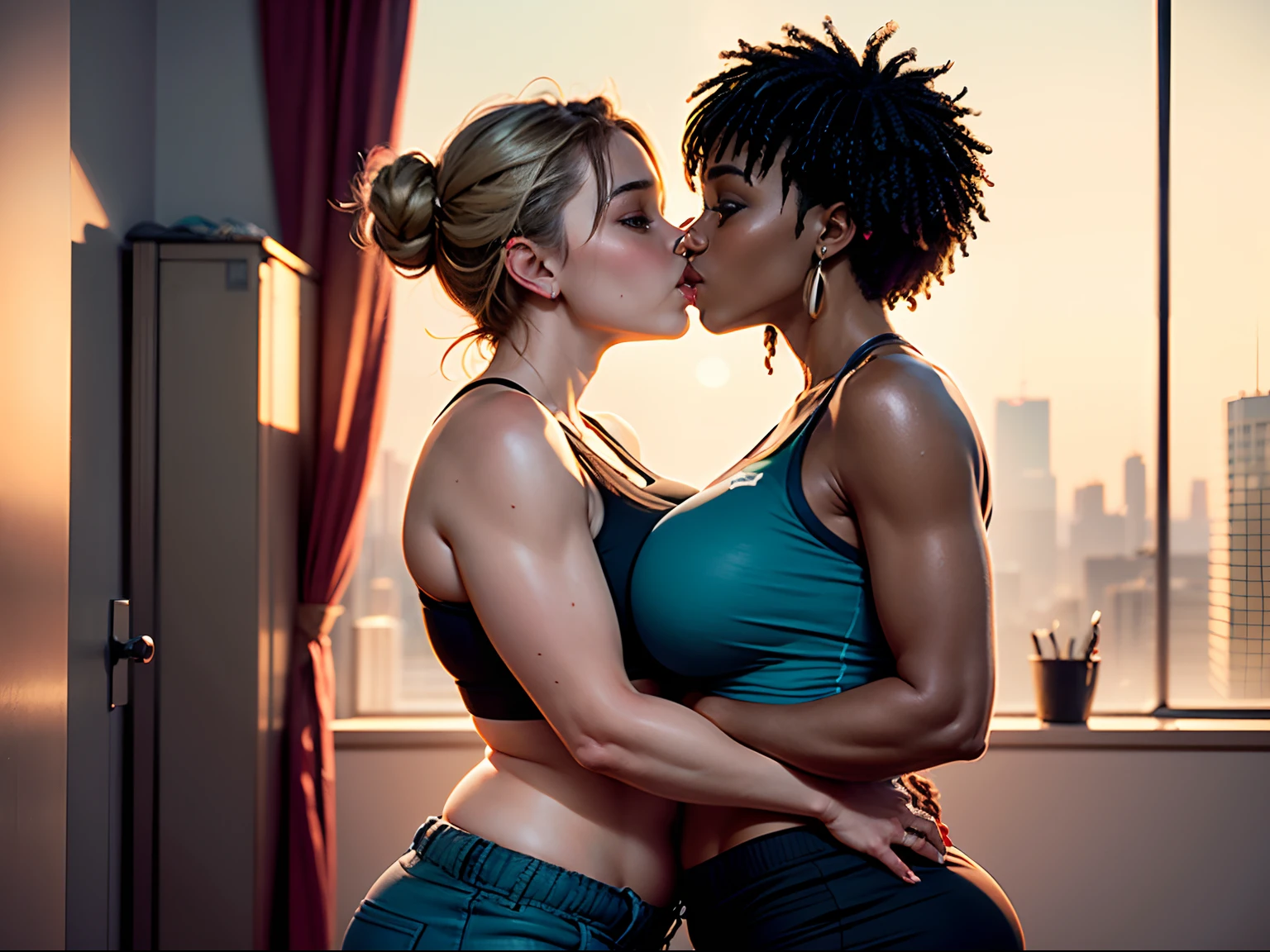 two 30-year-old brown skin adult boyish tomboy lesbians, 1 curvy bbw with braids wearing sports bra and baggy pants kissing each others bodies