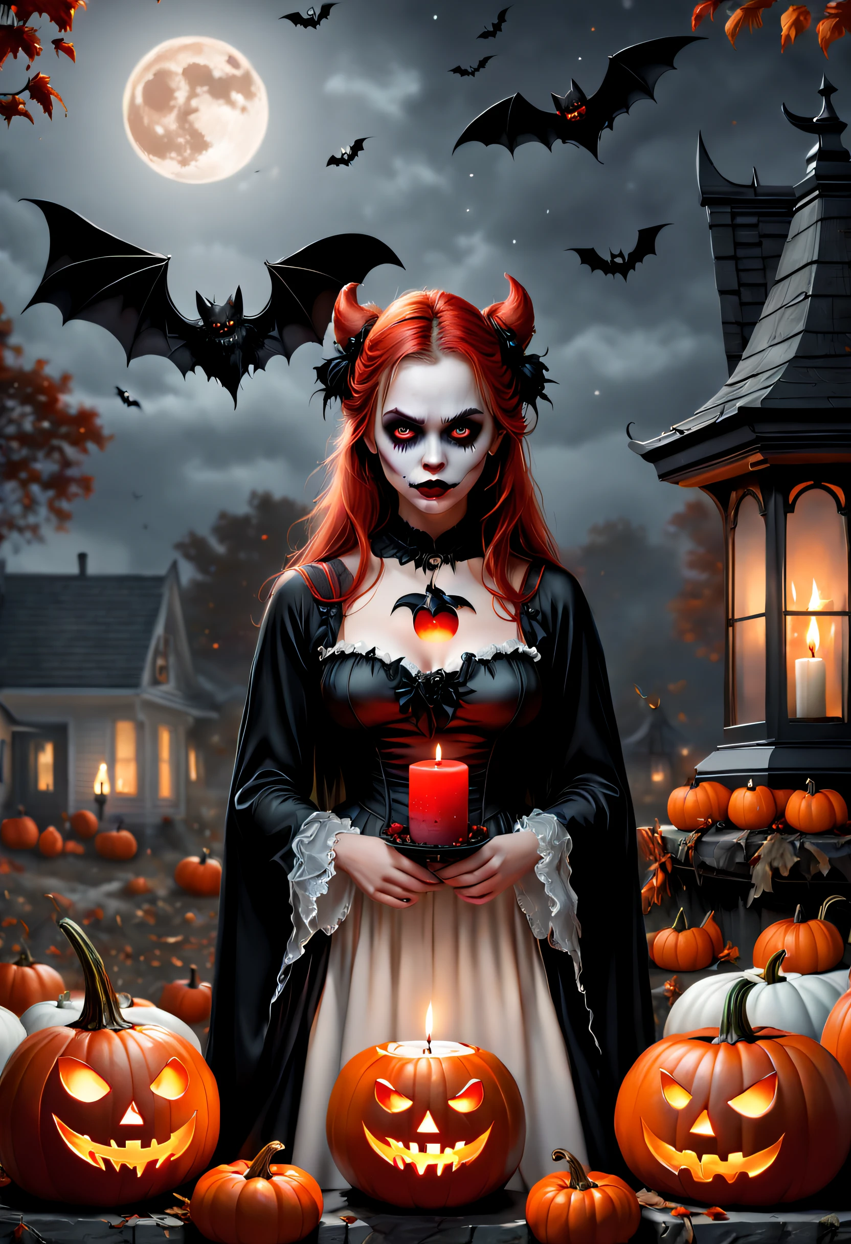 (Best quality,4K,8K,A high resolution,Masterpiece:1.2),Ultra-detailed,(Realistic,Photorealistic,photo-realistic:1.37),The art of segmentation,1girll,Red Moon,borgar,pumpkins,the bats,(Black and white:1.1),(Halloween:1.1),1 candle,silence,devout,sorrowful,Funeral,Reminisce about the past,sadness,faded memories,