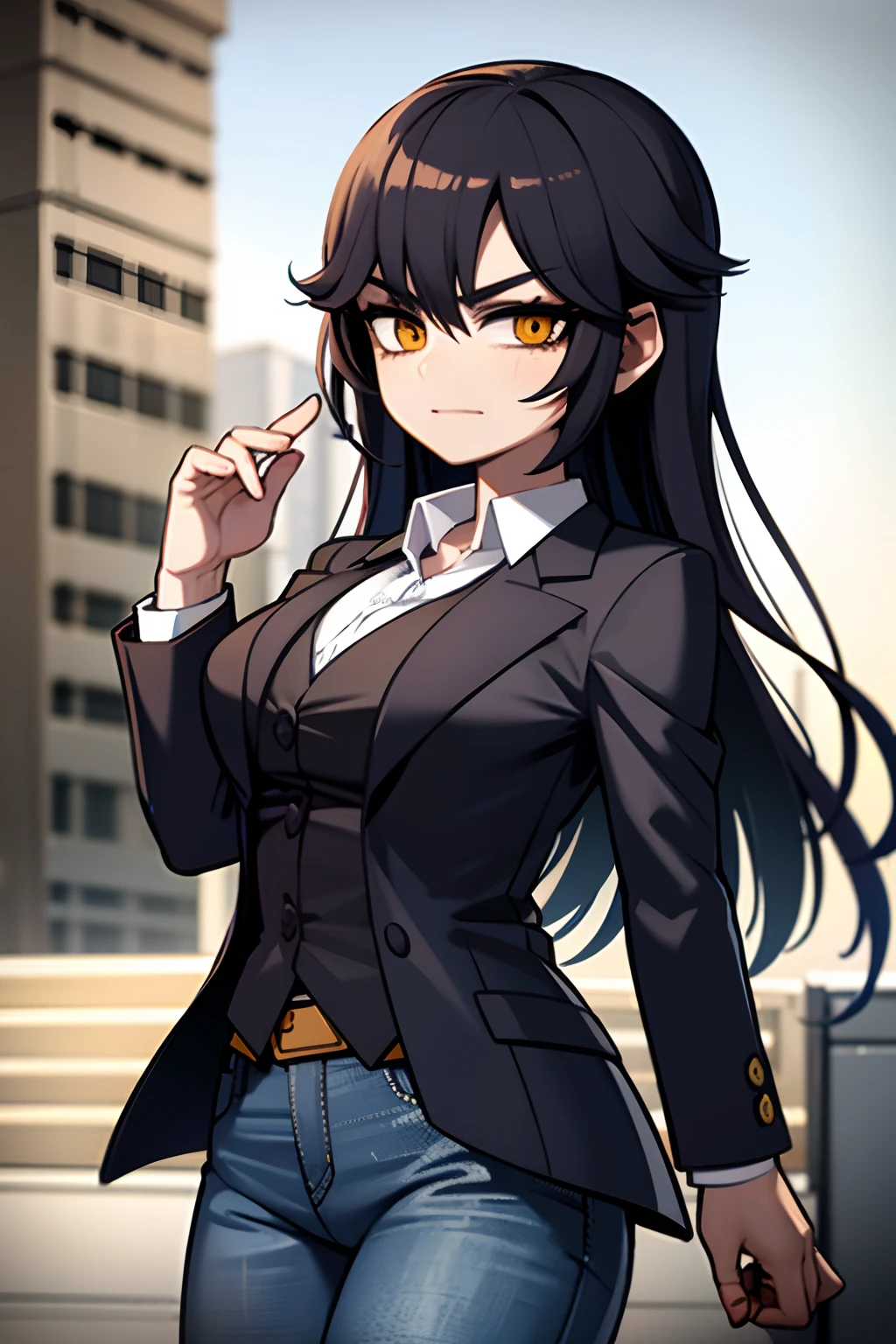 1girl, suit jacket, Tatuagens, jeans, Cidade Noturna, chuva