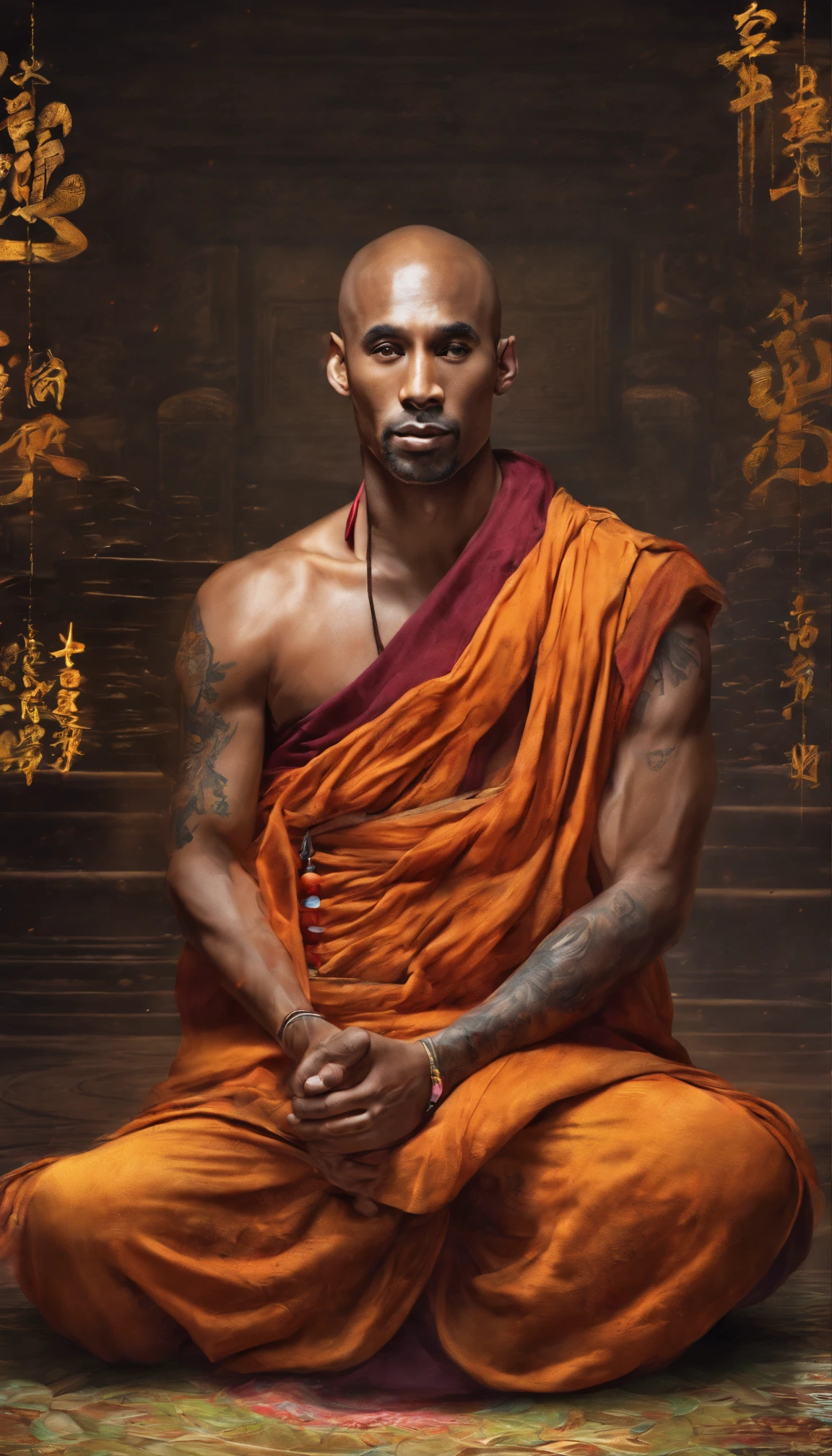 An Asian monk，Look ahead，Meditate cross-legged, at centre，Very bright colors, Light particles, with light glowing, kobe bryant, wallpaper art, UHD wallpaper